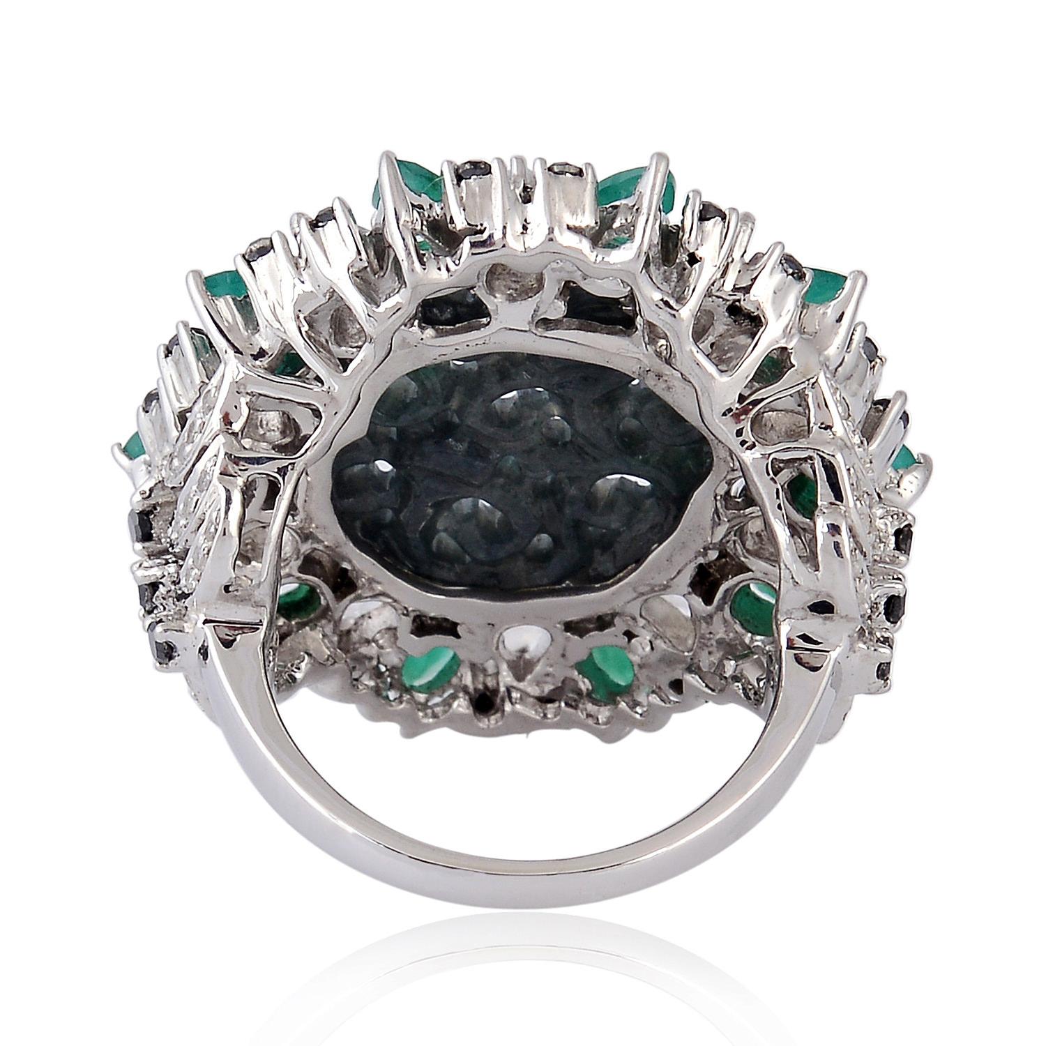 Art Nouveau Carved Jade Multi Gemstone Ring with Diamonds Made in 18k Gold & Silver For Sale