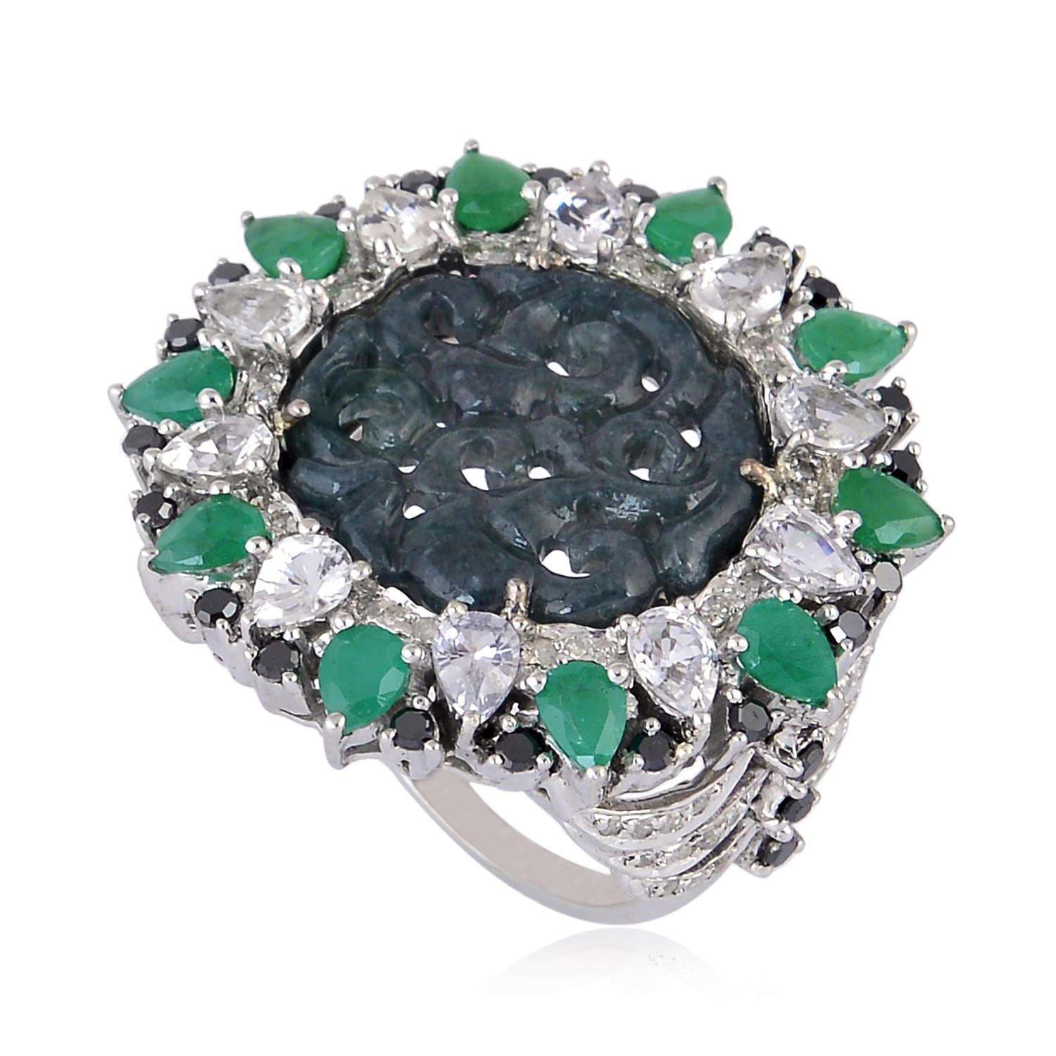 Mixed Cut Carved Jade Multi Gemstone Ring with Diamonds Made in 18k Gold & Silver For Sale