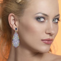 39.98 carats Carved Jade Mutli Sapphire 18 Karat Gold Diamond Earrings