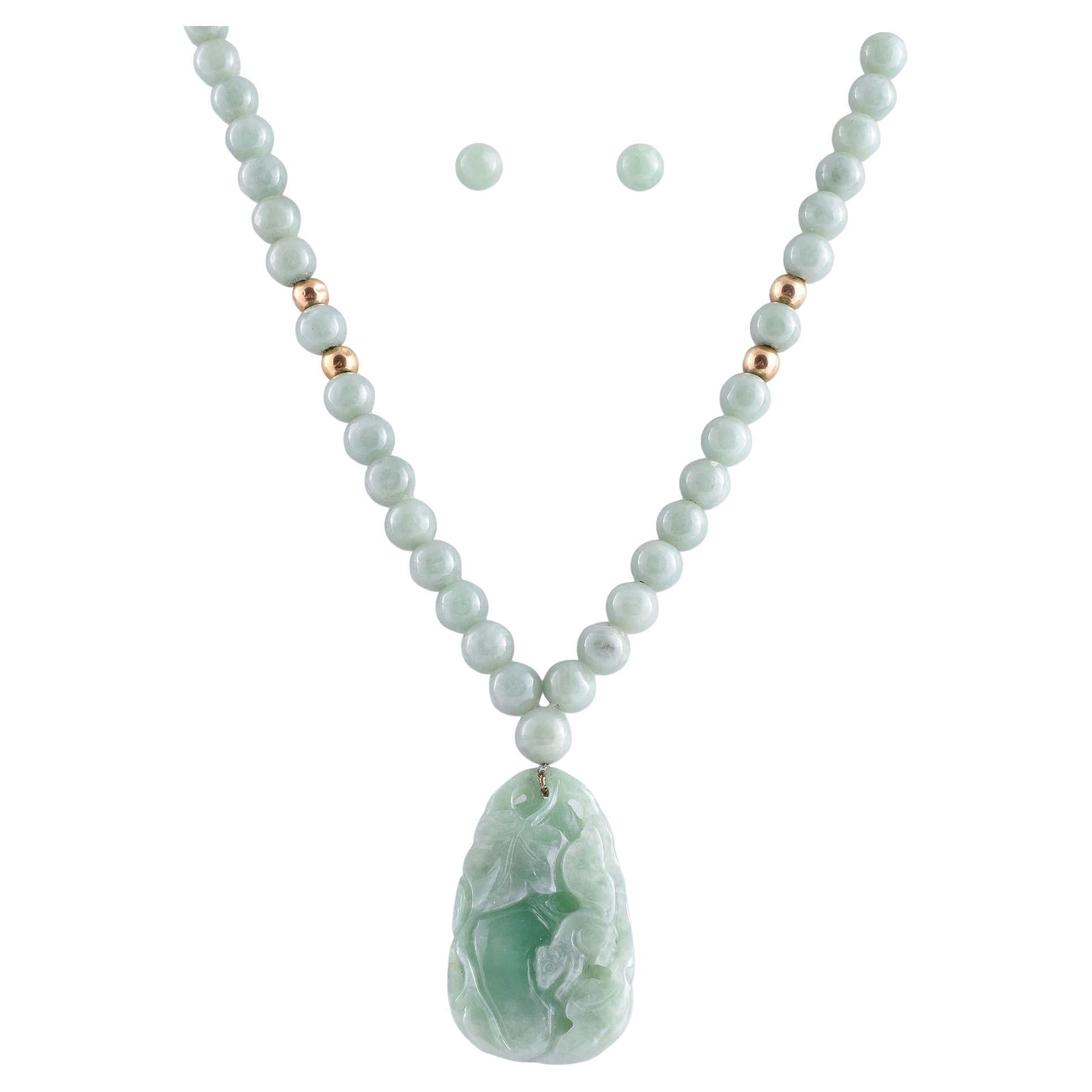 Carved Jade Necklace & Earring Suite For Sale