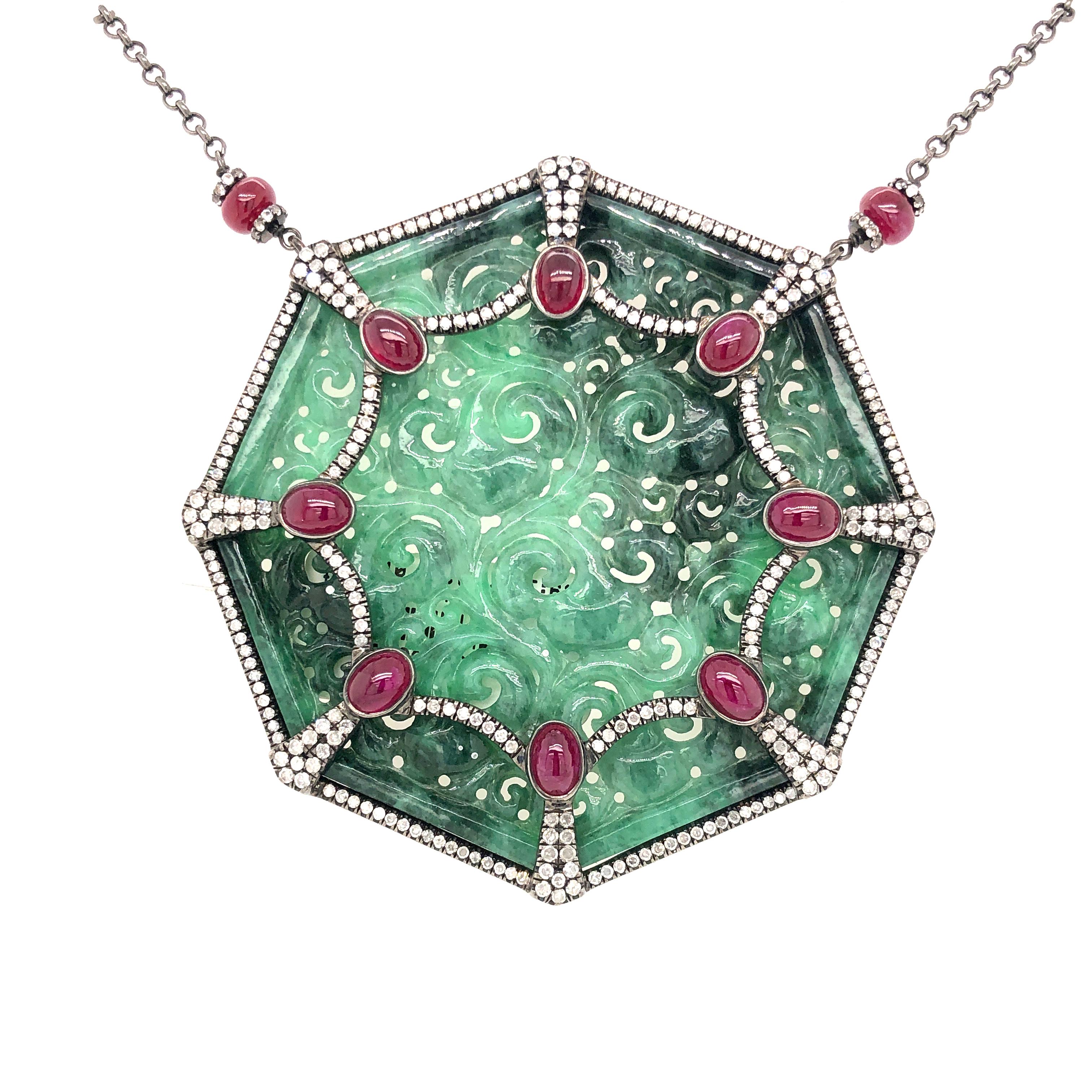Artisan Carved Jade Necklace with Diamonds and Ruby In 18k Gold & Silver For Sale