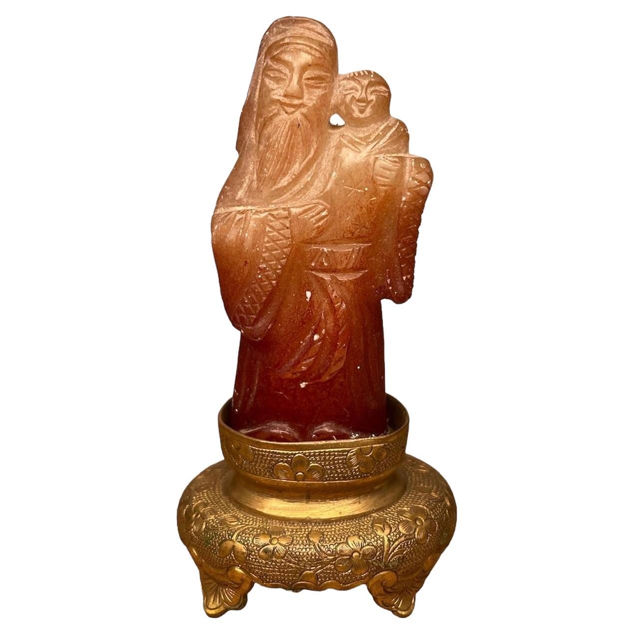 Carved Jade Old Man with Child Figurine For Sale