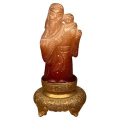 Vintage Carved Jade Old Man with Child Figurine
