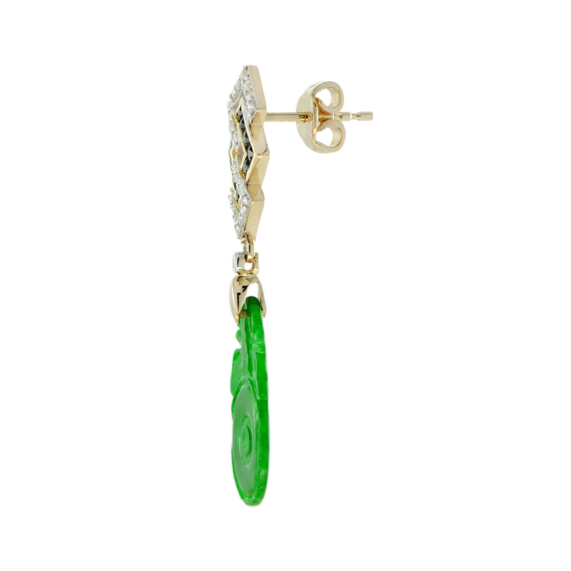 This is a lovely pair of vintage style jade with diamond and onyx dangle earrings crafted in 9k yellow gold. Each earrings are adorned with diamond and onyx set in geometric shape on their top part and setting with a hand carved natural jade drop.