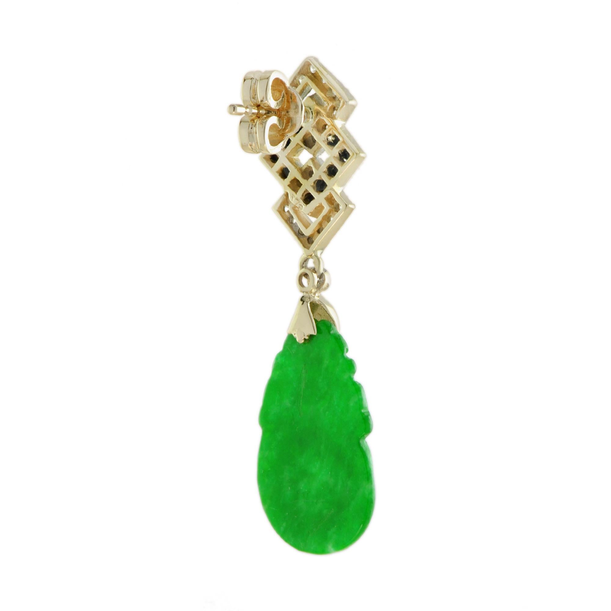 French Cut Carved Jade & Onyx Diamond Vintage Style Dangle 9K Yellow Gold Earrings For Sale