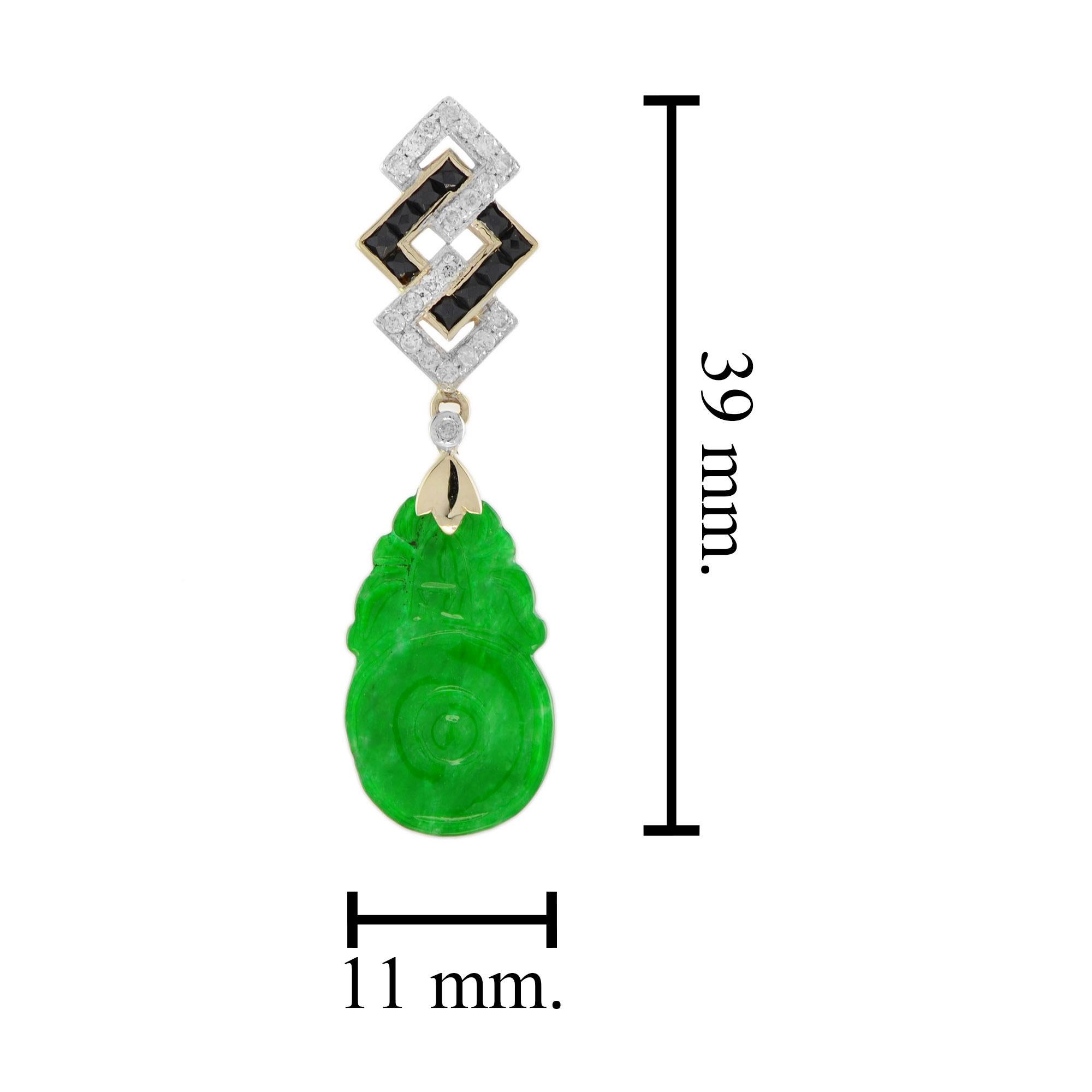 Carved Jade & Onyx Diamond Vintage Style Dangle 9K Yellow Gold Earrings In New Condition For Sale In Oakton, VA