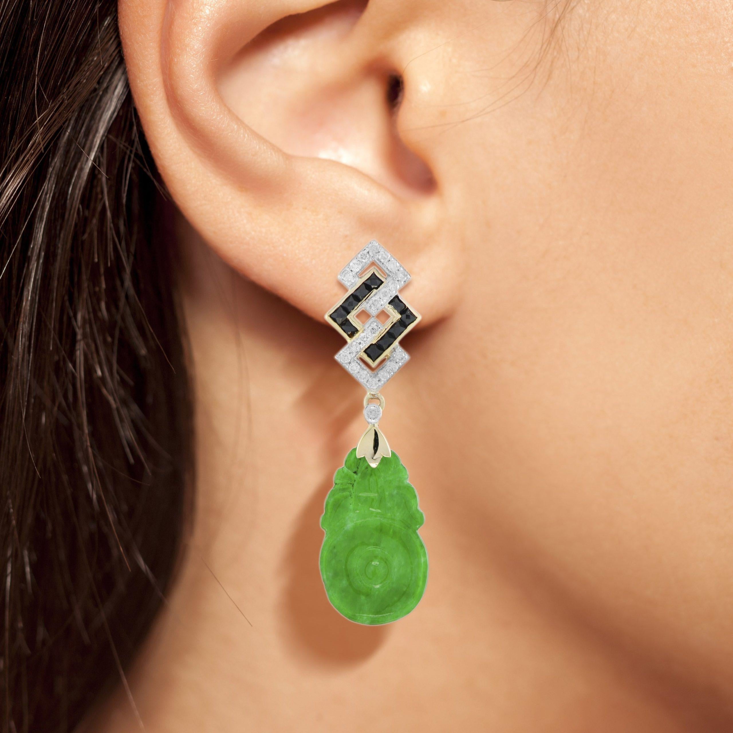 Women's Carved Jade & Onyx Diamond Vintage Style Dangle 9K Yellow Gold Earrings For Sale