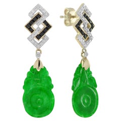 Carved Jade & Onyx Diamond Vintage Style Dangle 9K Yellow Gold Earrings