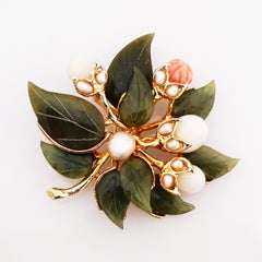Carved Jade, Pearl and Angel Skin Coral Floral Bouquet Brooch By Swoboda, 1960s