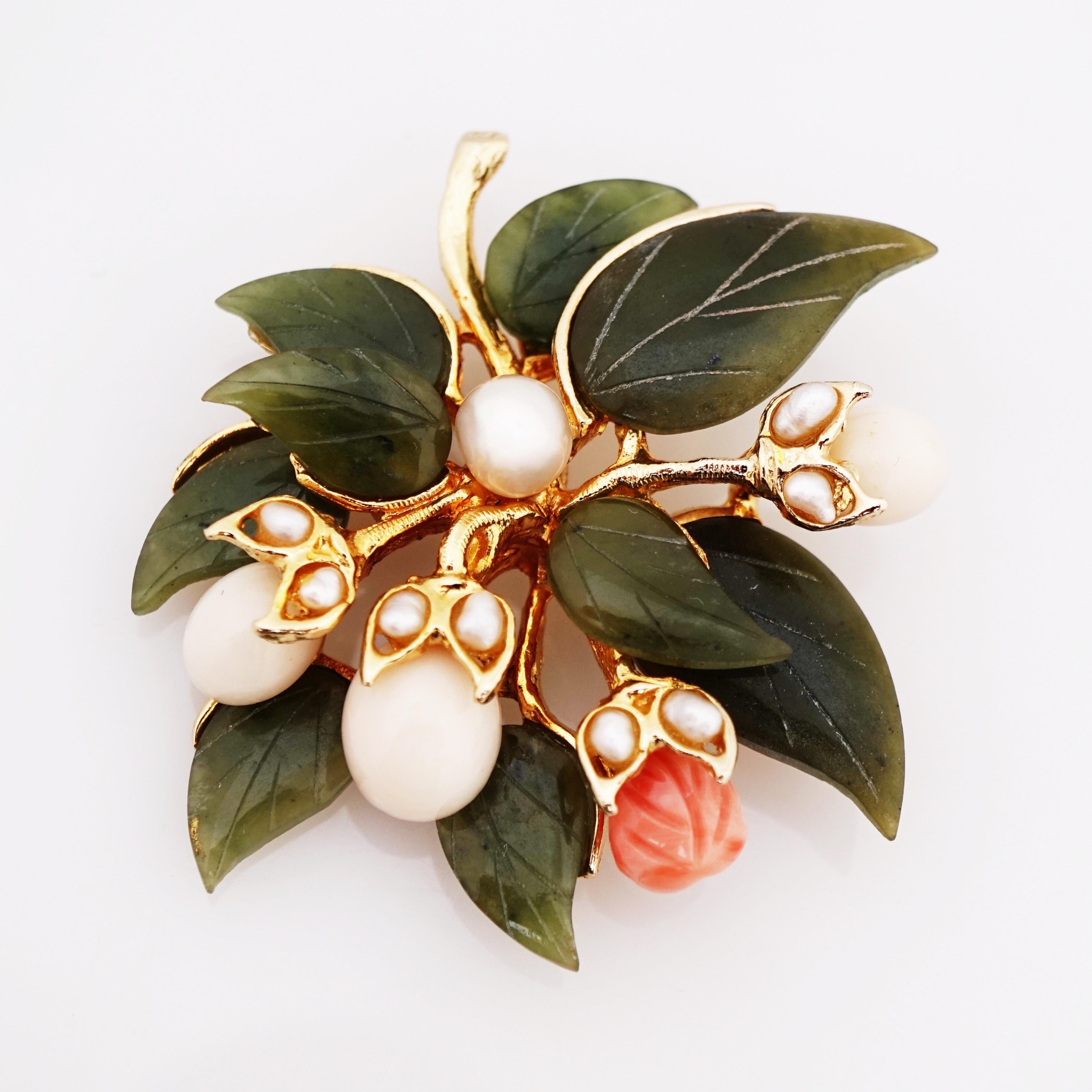 Modern Carved Jade, Pearl and Angel Skin Coral Floral Bouquet Brooch By Swoboda, 1960s