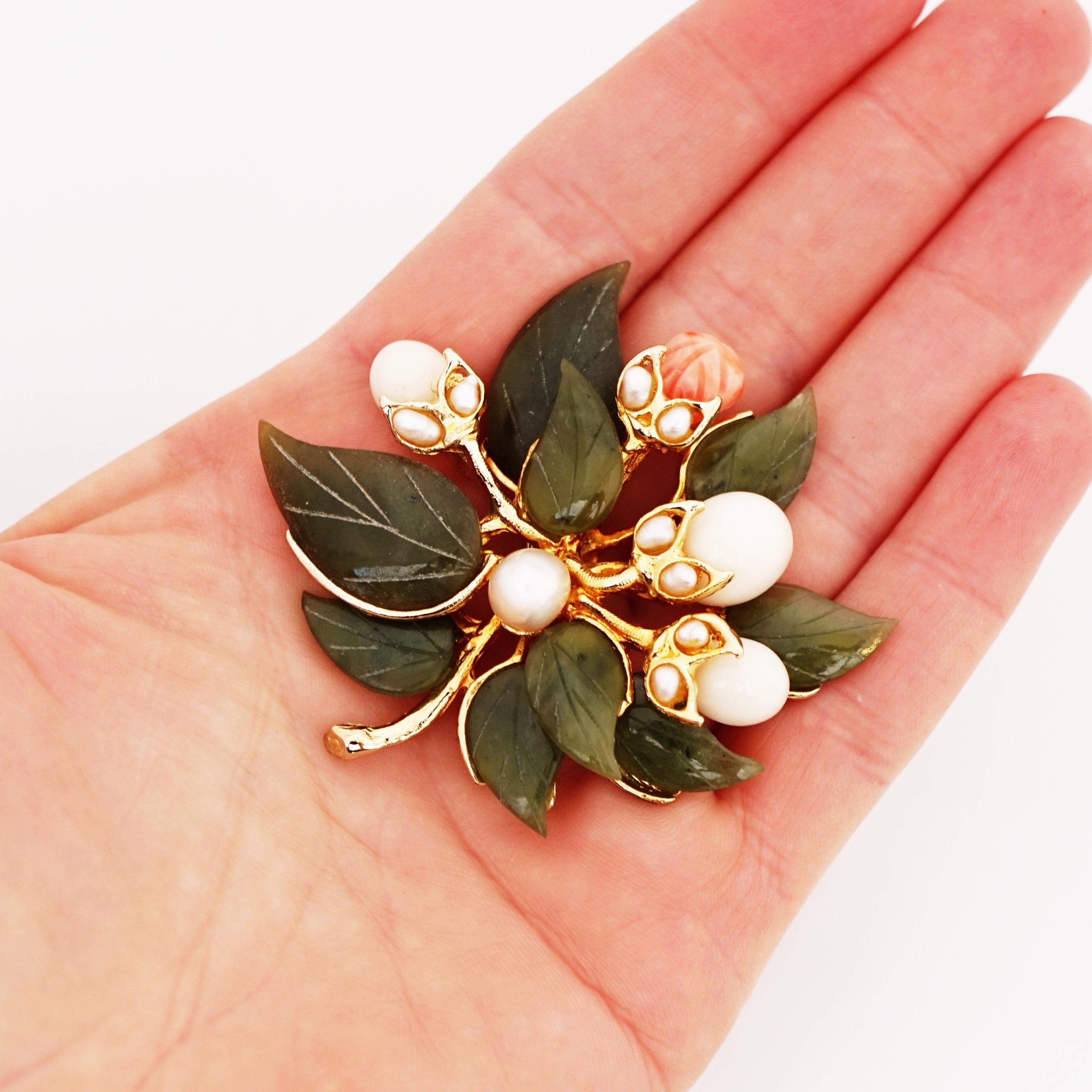 Women's Carved Jade, Pearl and Angel Skin Coral Floral Bouquet Brooch By Swoboda, 1960s