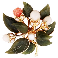 Vintage Carved Jade, Pearl and Angel Skin Coral Floral Bouquet Brooch By Swoboda, 1960s