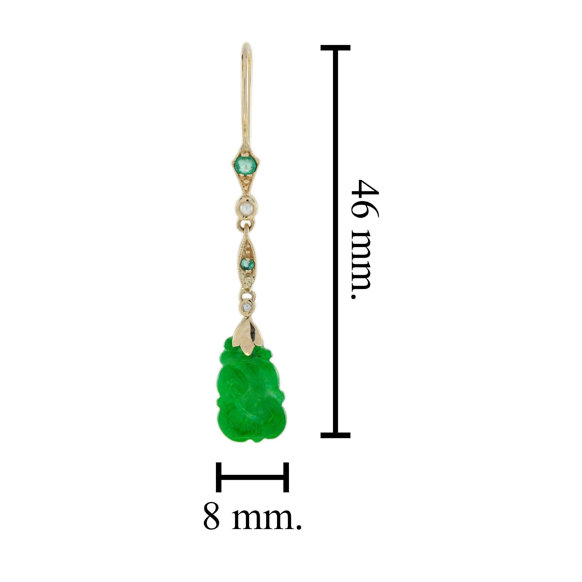 Geschnitzte Jade Perle Smaragd Diamant Vintage Stil baumeln 9K Ohrringe im Zustand „Neu“ im Angebot in Oakton, VA