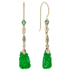 Carved Jade Pearl Emerald Diamond Vintage Style Dangle Earrings in 9K Gold