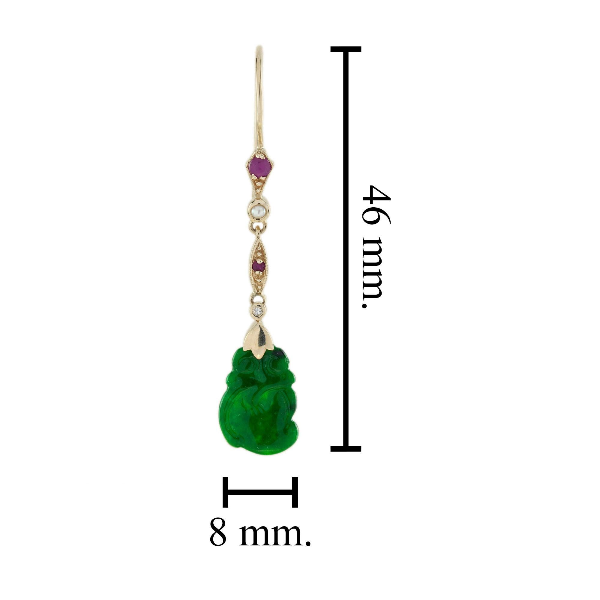 Carved Jade Pearl Ruby Diamond Vintage Style Dangle 9K Gold Earrings In Good Condition For Sale In Oakton, VA