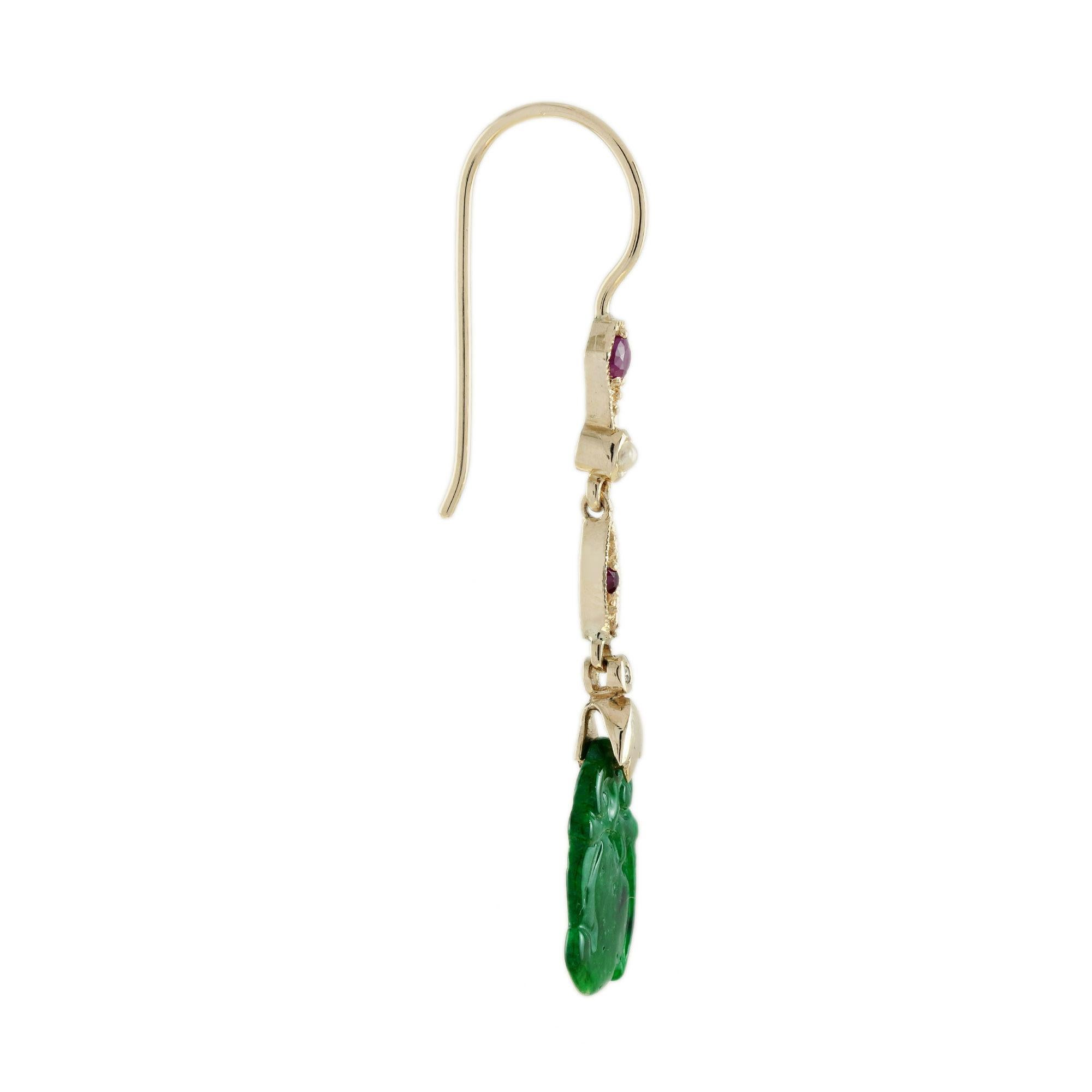 Art Deco Carved Jade Pearl Ruby Diamond Vintage Style Dangle Earrings in 9K Yellow Gold For Sale