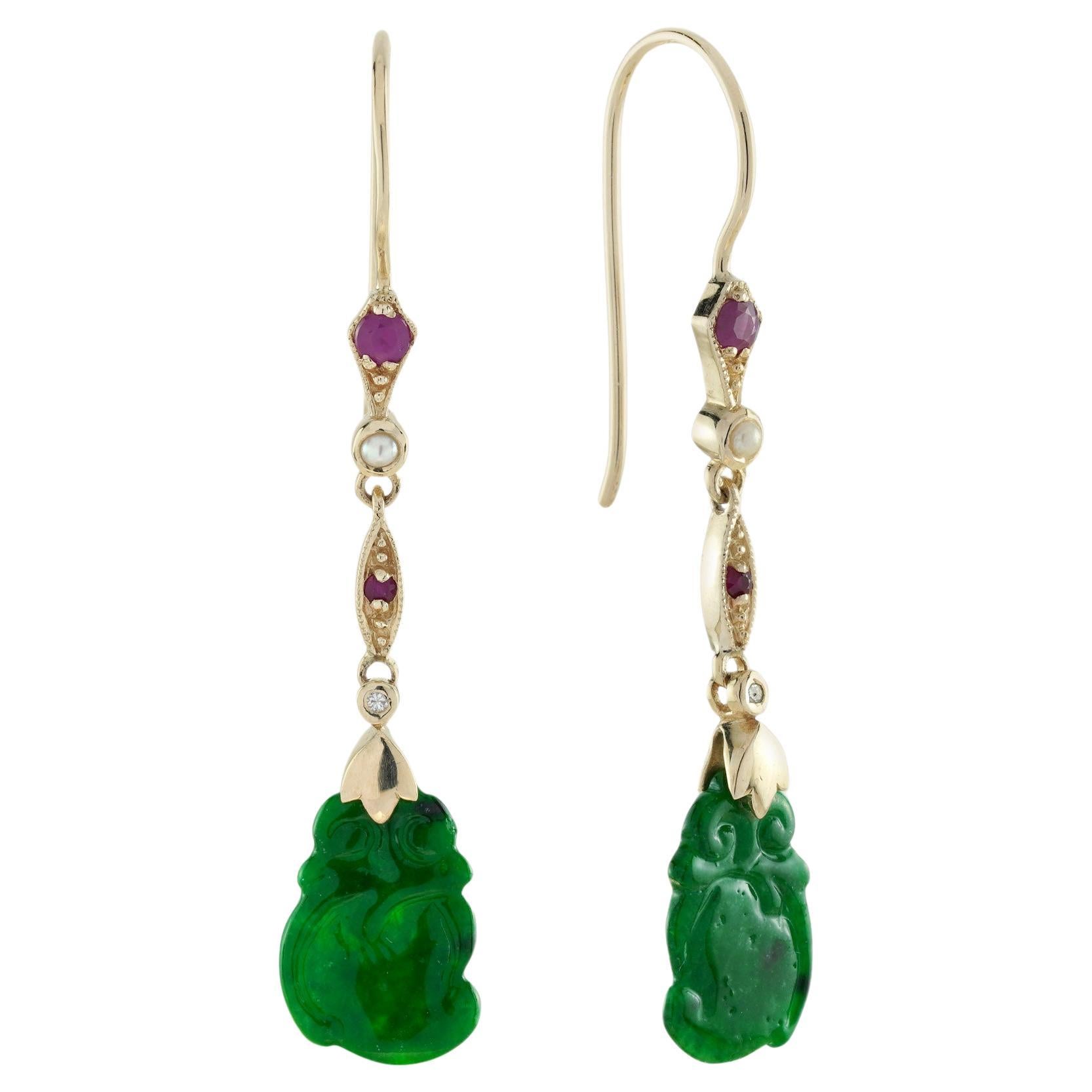 Carved Jade Pearl Ruby Diamond Vintage Style Dangle Earrings in 9K Yellow Gold For Sale