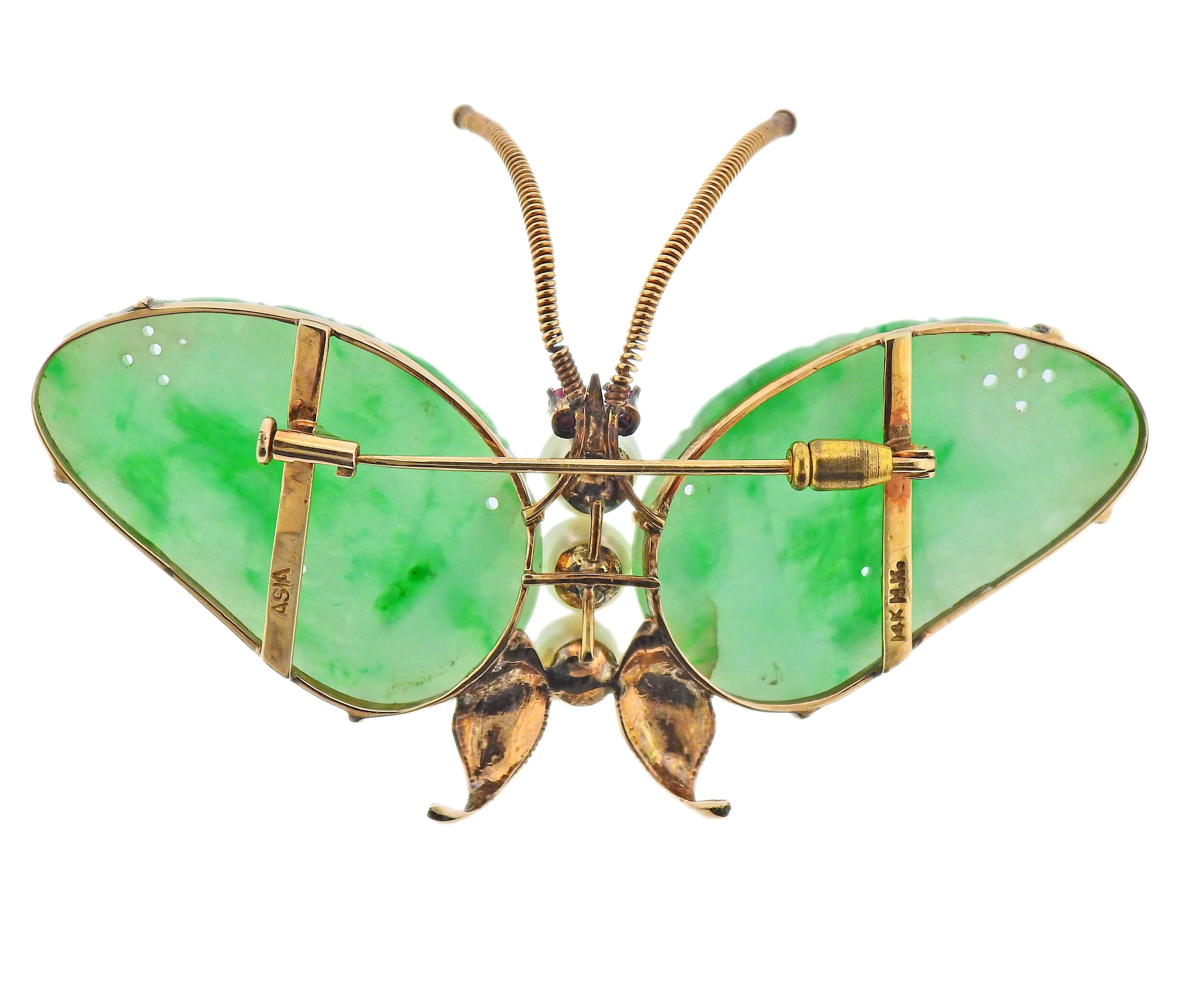 14k gold vintage butterfly brooch, with carved jade wings, 6.3 - 6.5mm pearls and ruby eyes. Brooch measures 2.775
