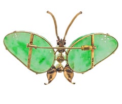 Carved Jade Pearl Ruby Gold Butterfly Brooch
