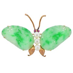 Carved Jade Pearl Ruby Gold Butterfly Brooch