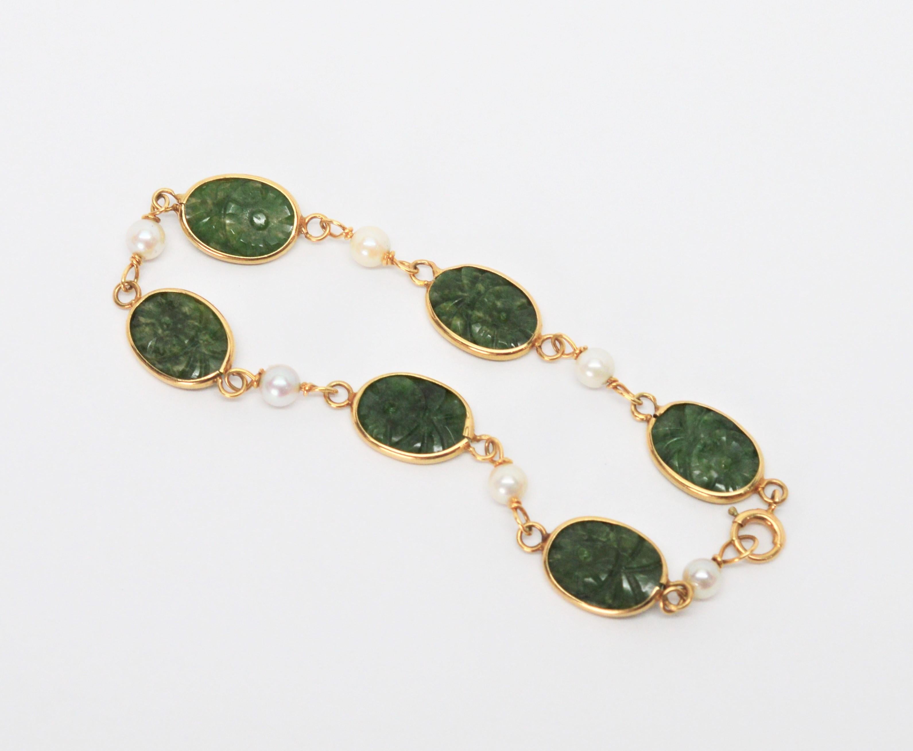 Women's Carved Jade Pearl Yellow Gold Link Bracelet