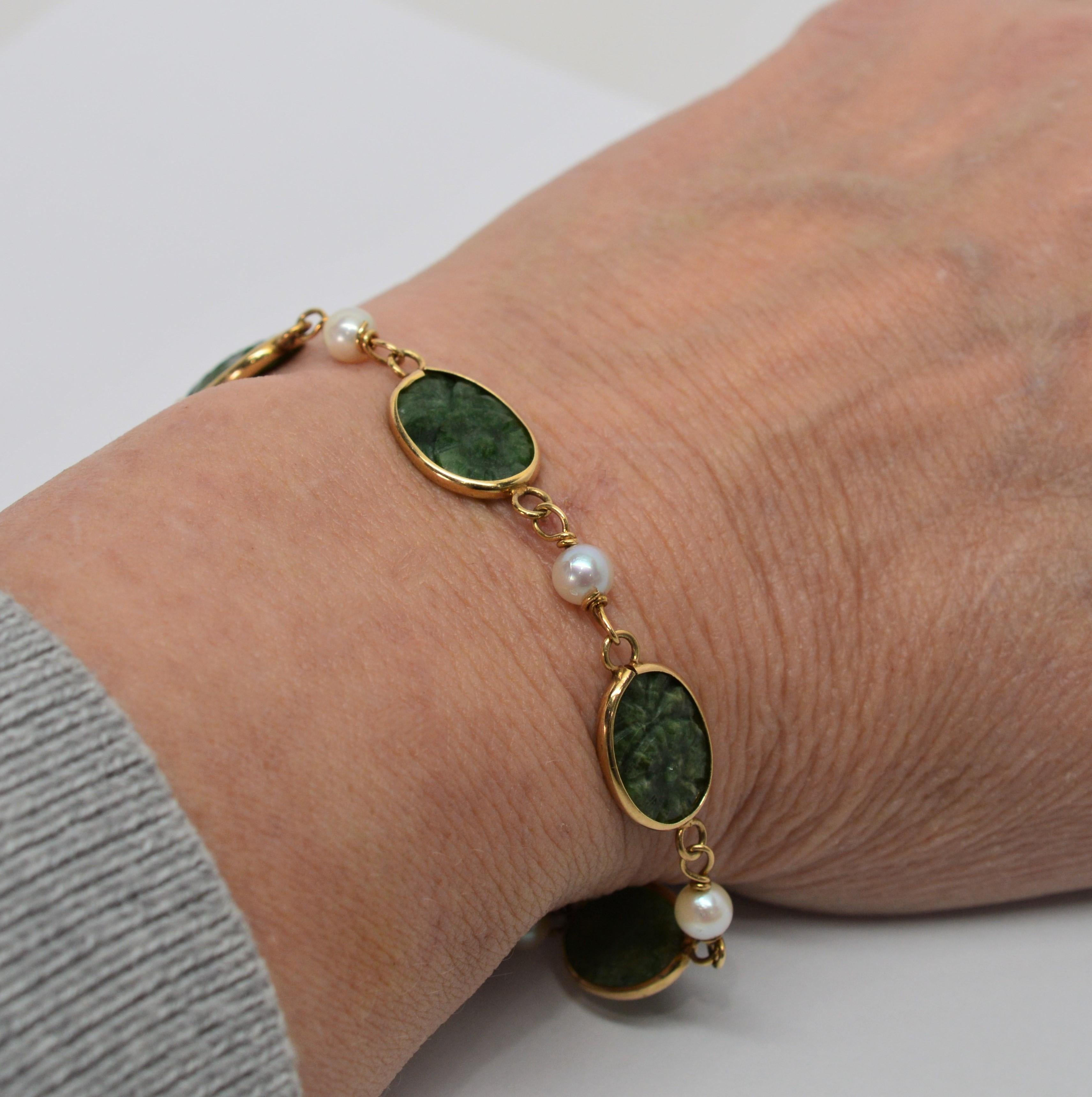 Carved Jade Pearl Yellow Gold Link Bracelet 2