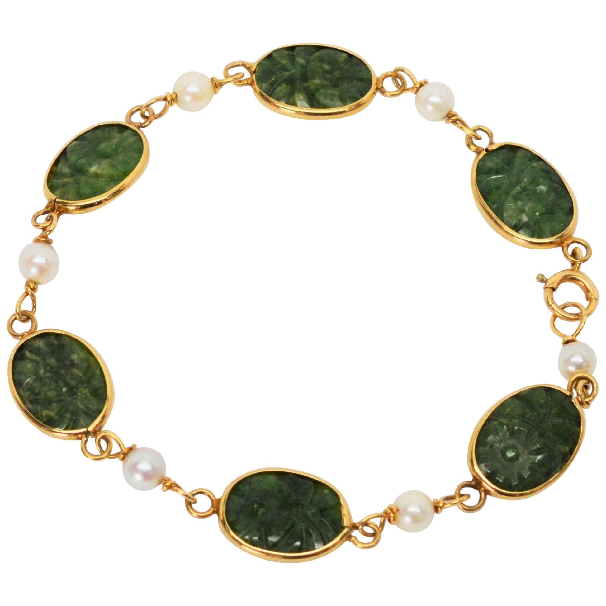 Carved Jade Pearl Yellow Gold Link Bracelet