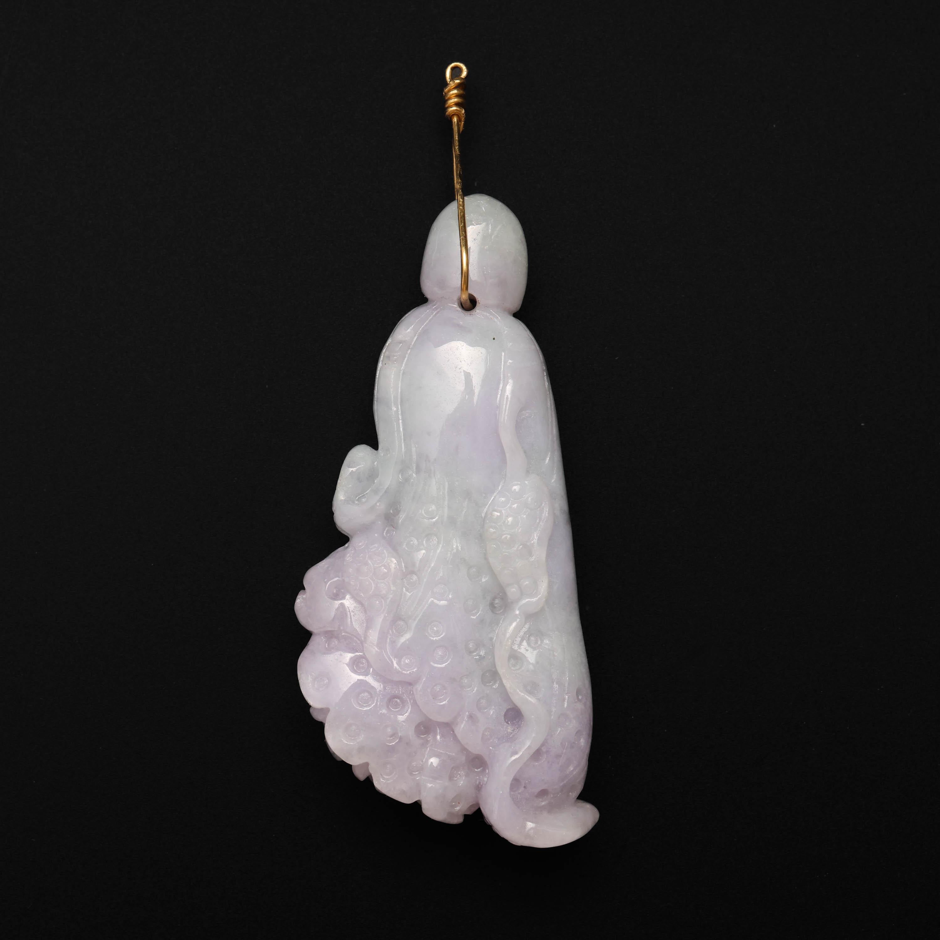 Artisan Carved Jade Pendant Lavender & Green Cabbage Certified Untreated For Sale