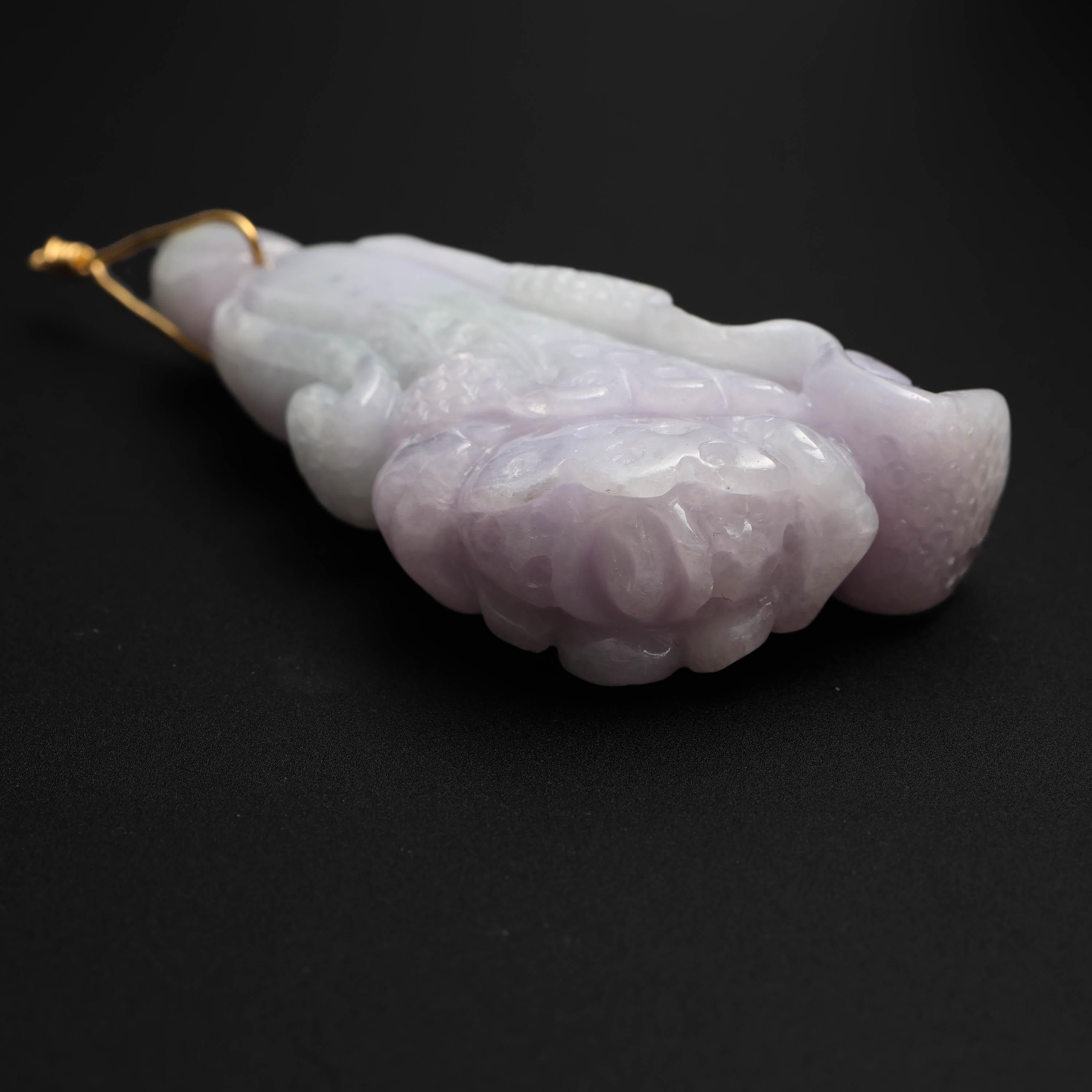 Carved Jade Pendant Lavender & Green Cabbage Certified Untreated In Excellent Condition For Sale In Southbury, CT