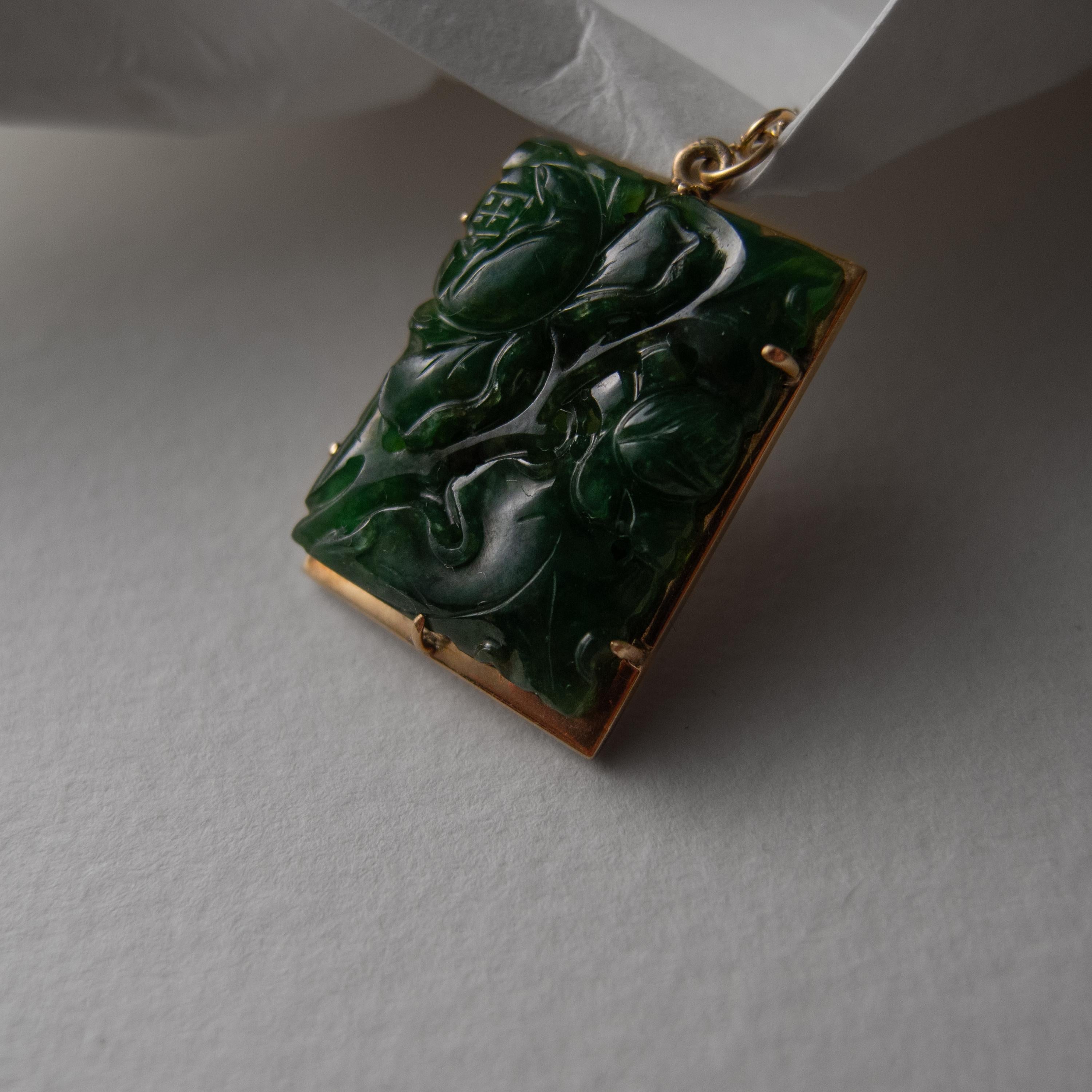 Carved Jade Pendant Midcentury Certified Untreated Omphacite Jade For Sale 4