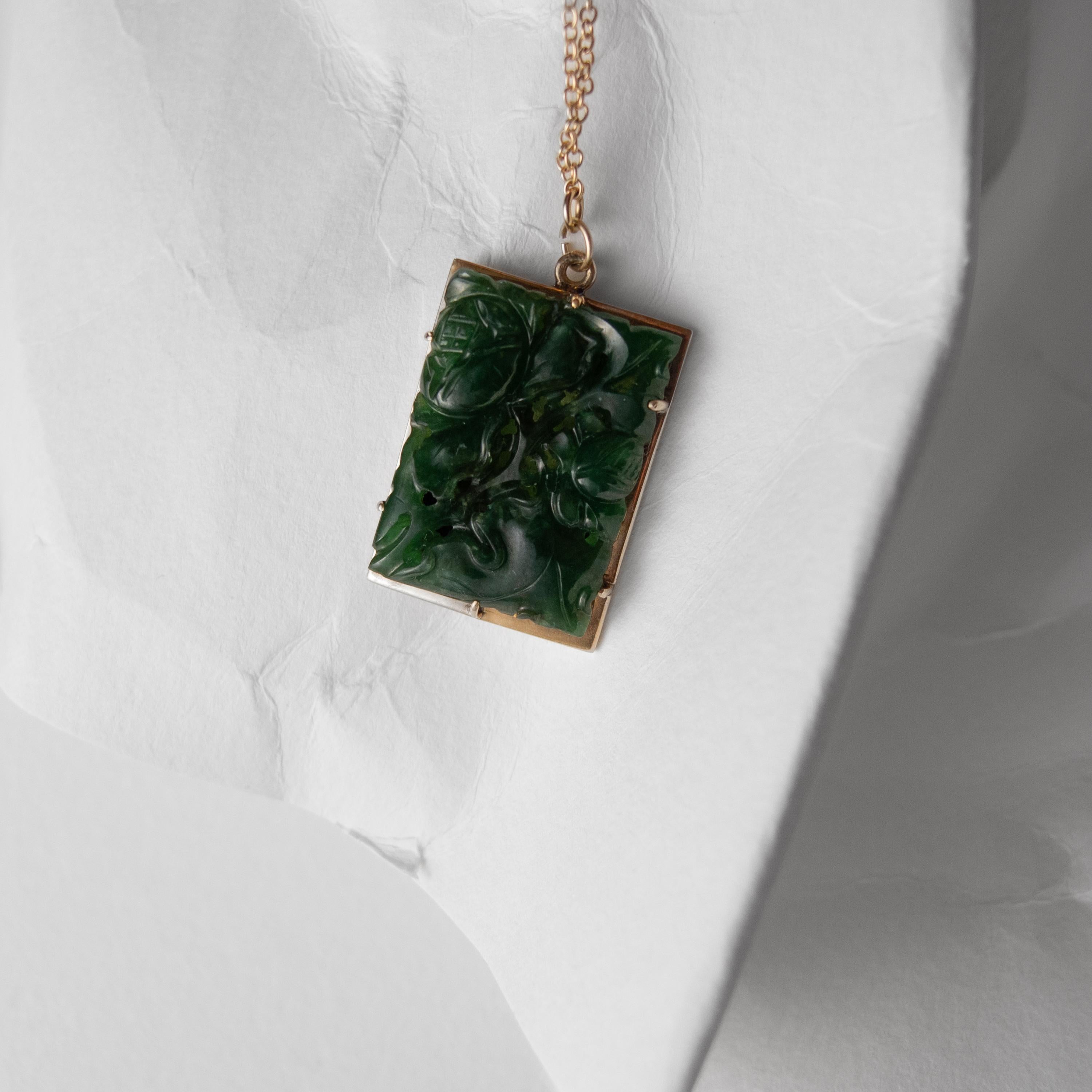 Carved Jade Pendant Midcentury Certified Untreated Omphacite Jade For Sale 5