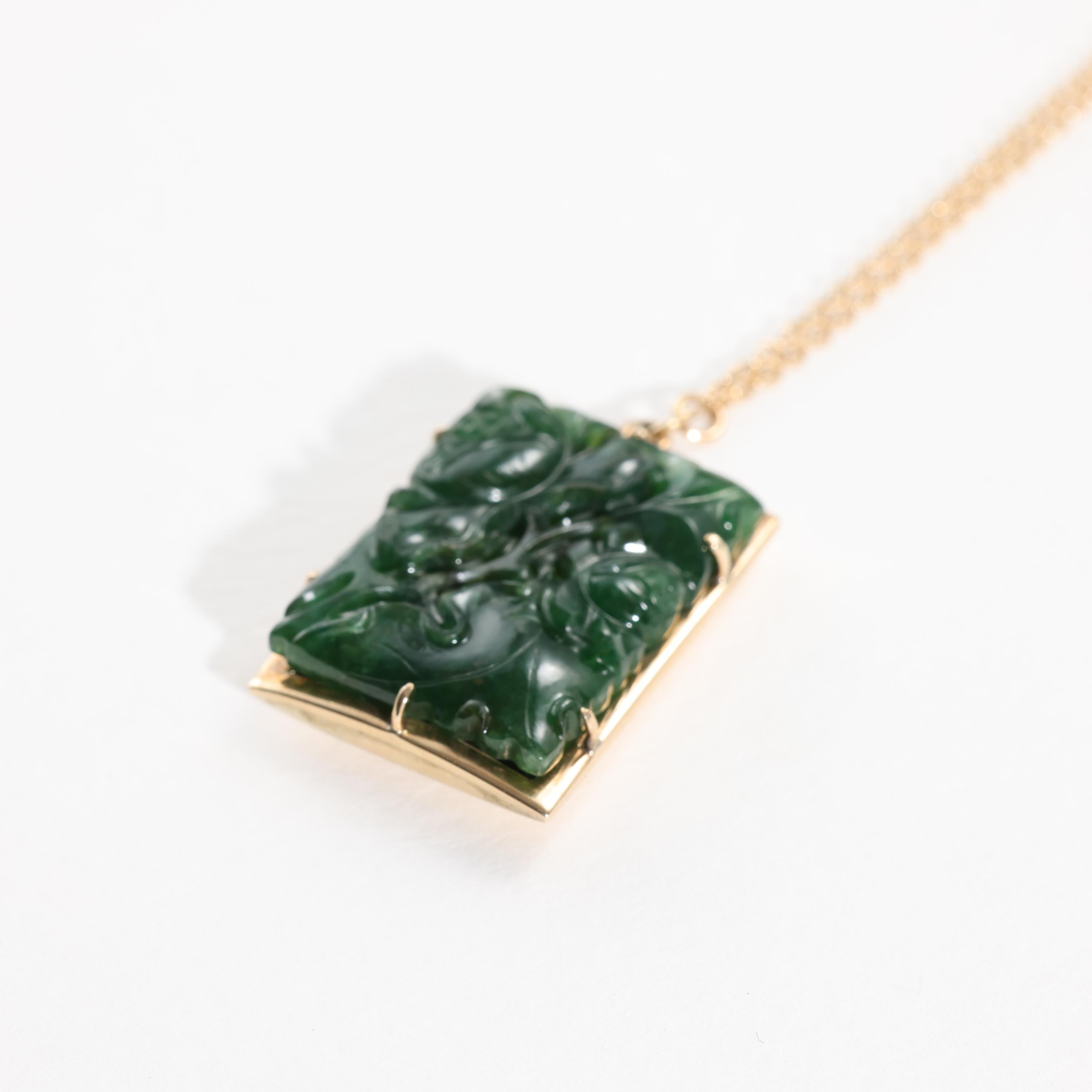 Modern Carved Jade Pendant Midcentury Certified Untreated Omphacite Jade For Sale