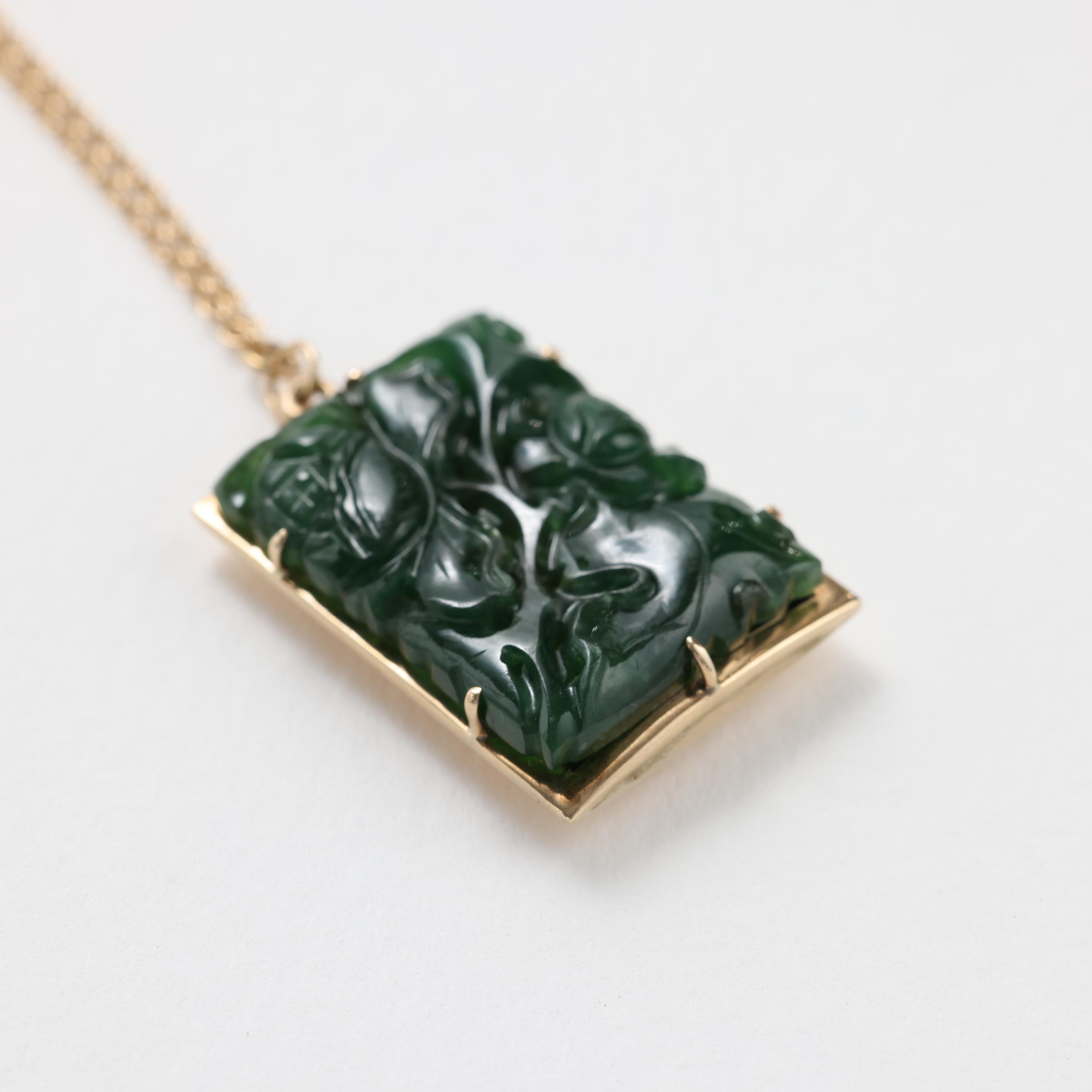 Uncut Carved Jade Pendant Midcentury Certified Untreated Omphacite Jade For Sale