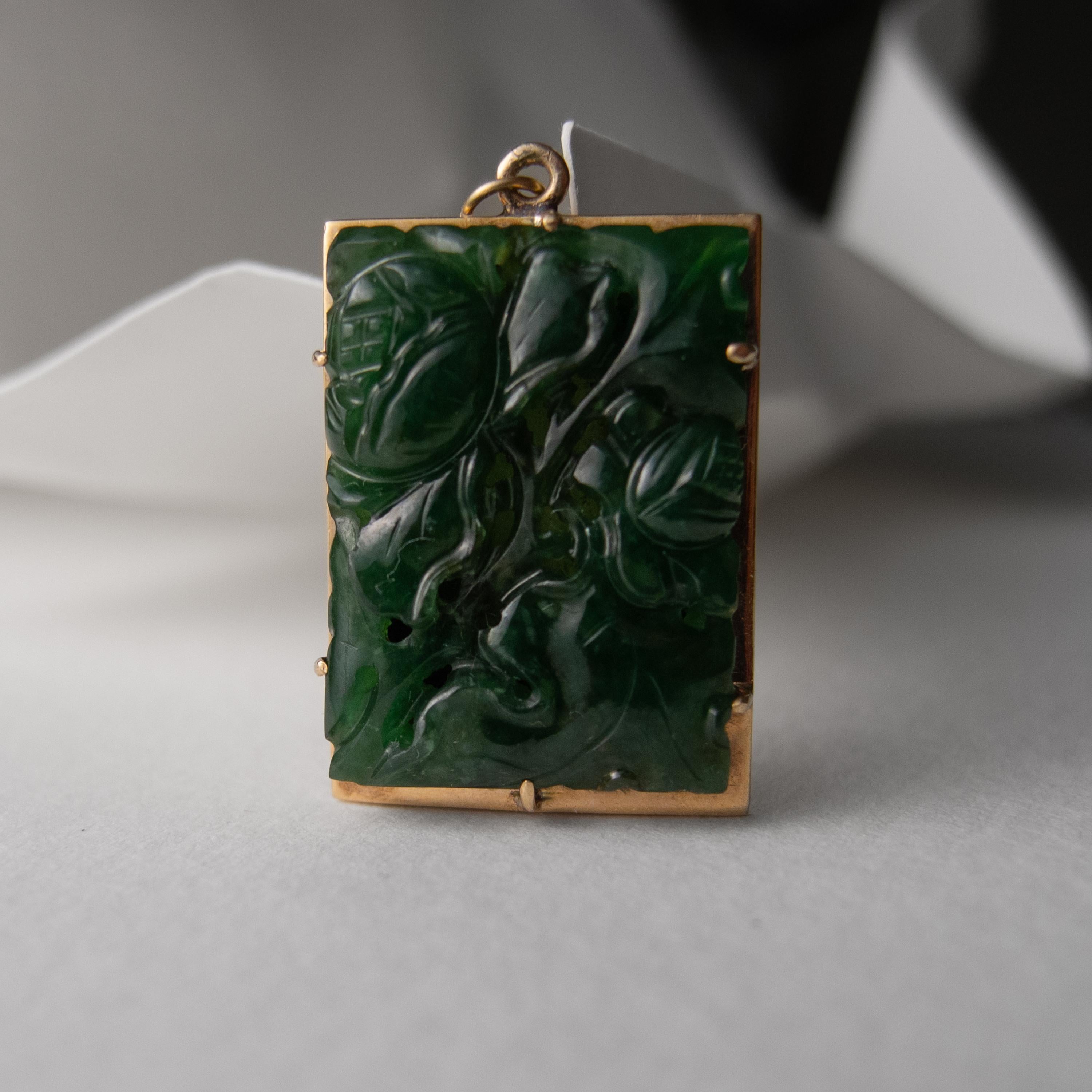 Carved Jade Pendant Midcentury Certified Untreated Omphacite Jade For Sale 2