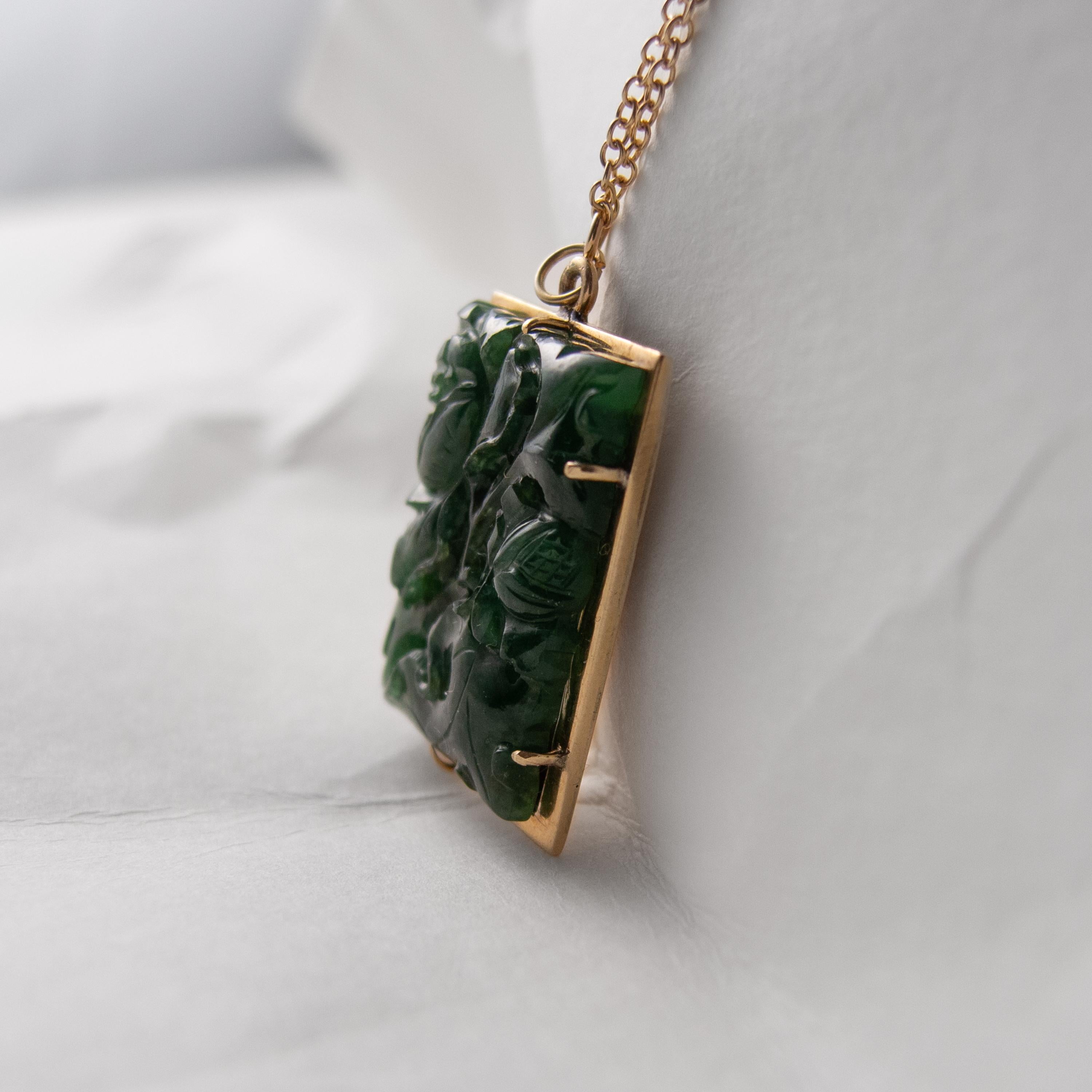 Carved Jade Pendant Midcentury Certified Untreated Omphacite Jade For Sale 3