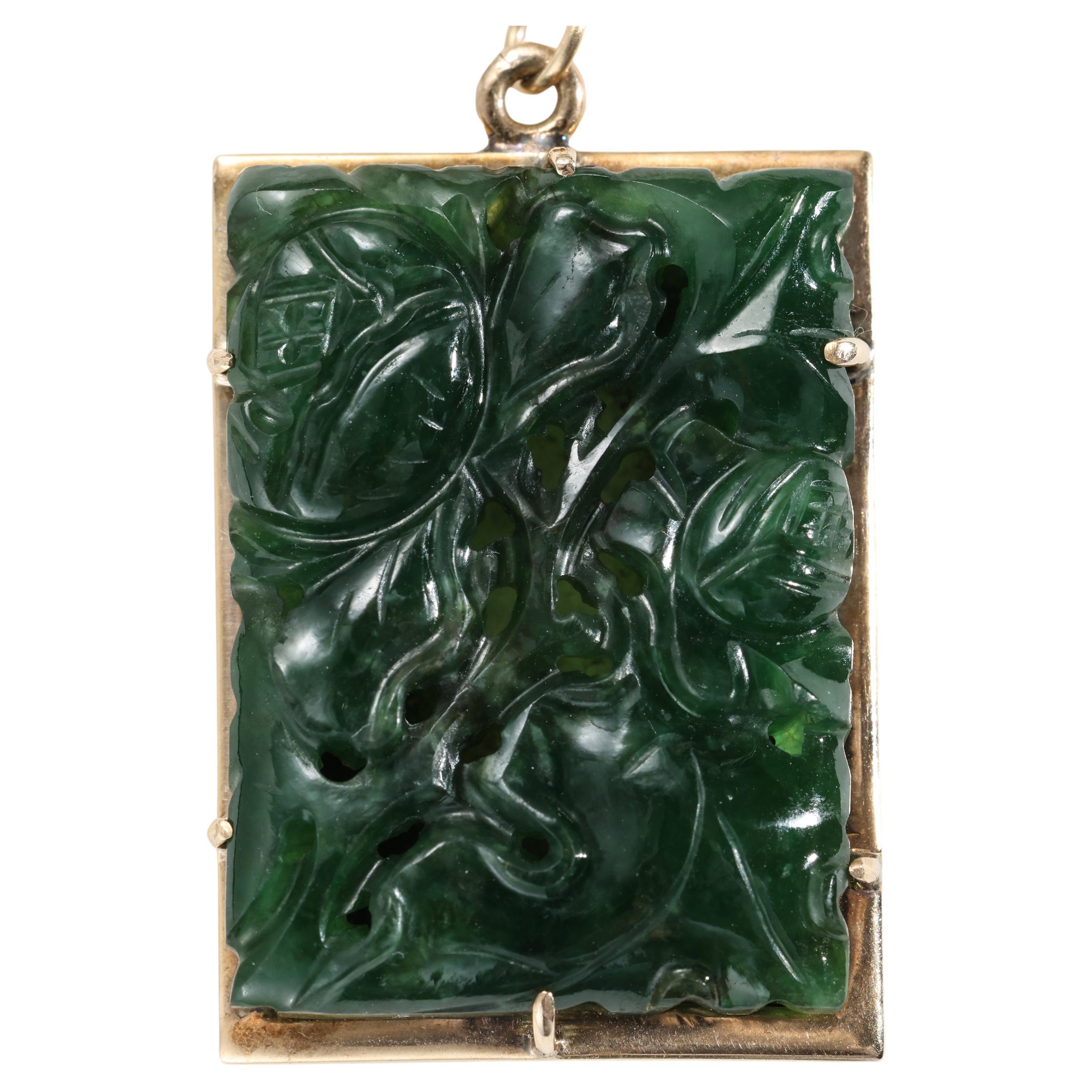 Carved Jade Pendant Midcentury Certified Untreated Omphacite Jade For Sale