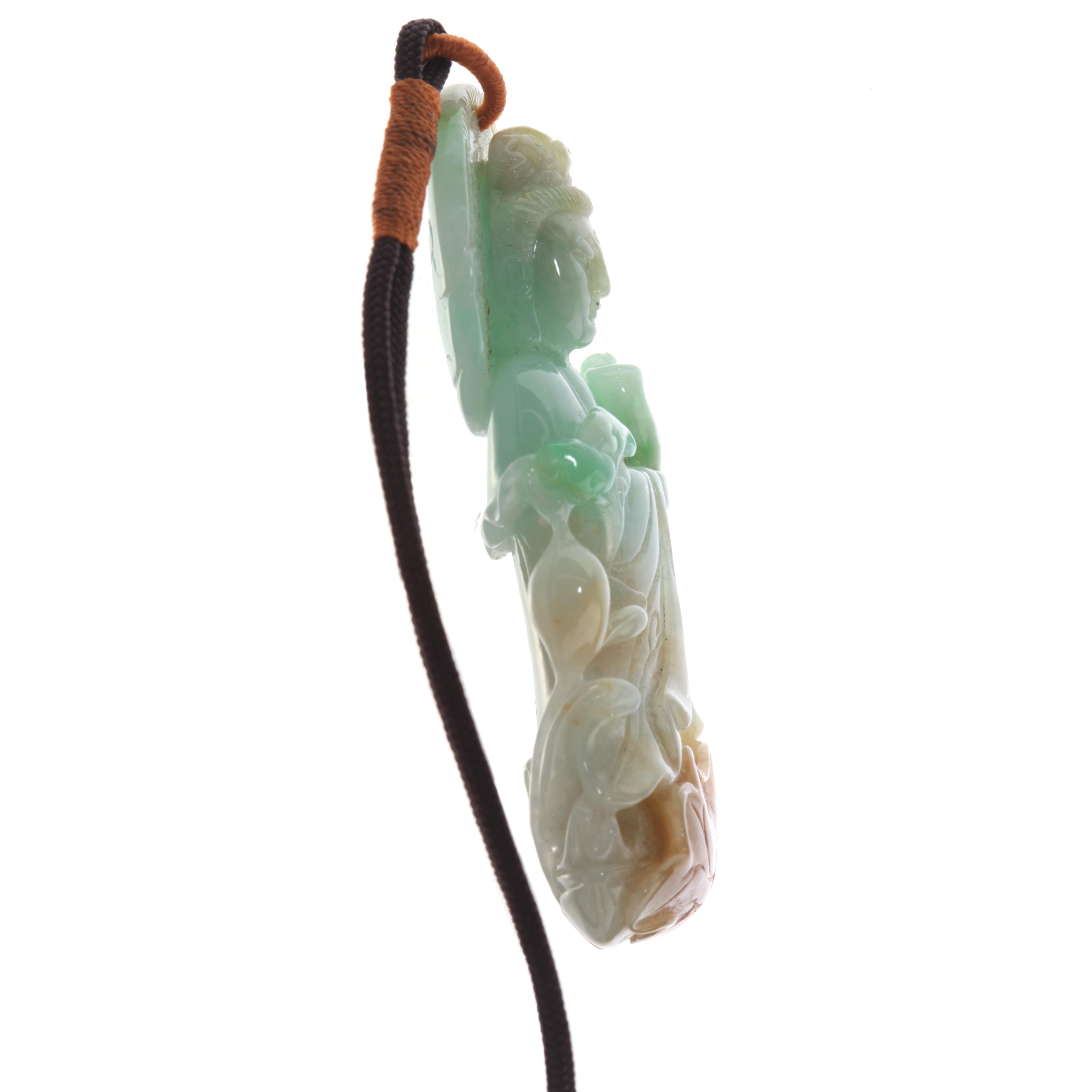 Chinese Export Carved Jade Pendant Natural Jadeite Jade Buddhist Statue Asian Art Female Buddha