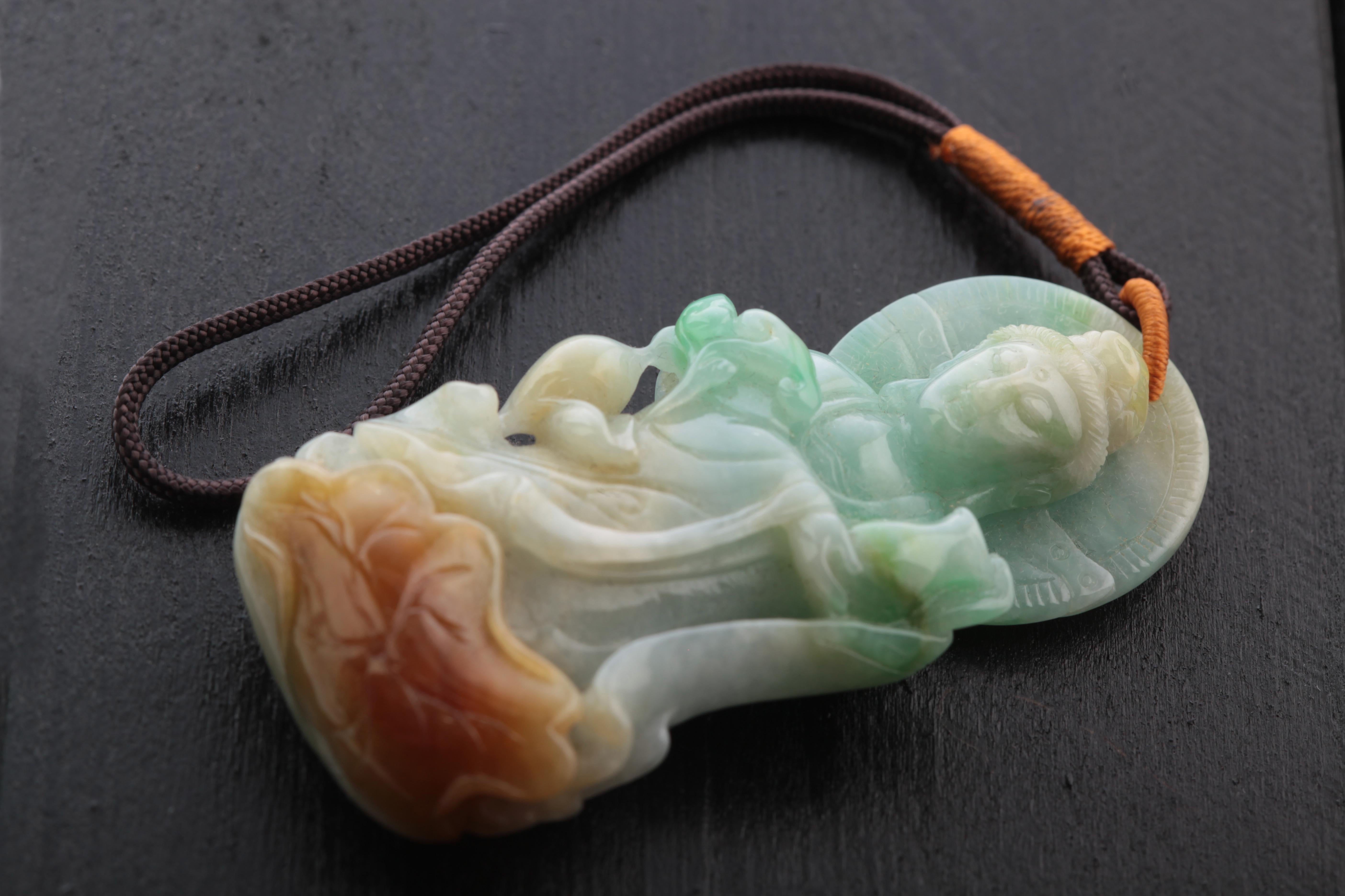 Chinese Carved Jade Pendant Natural Jadeite Jade Buddhist Statue Asian Art Female Buddha