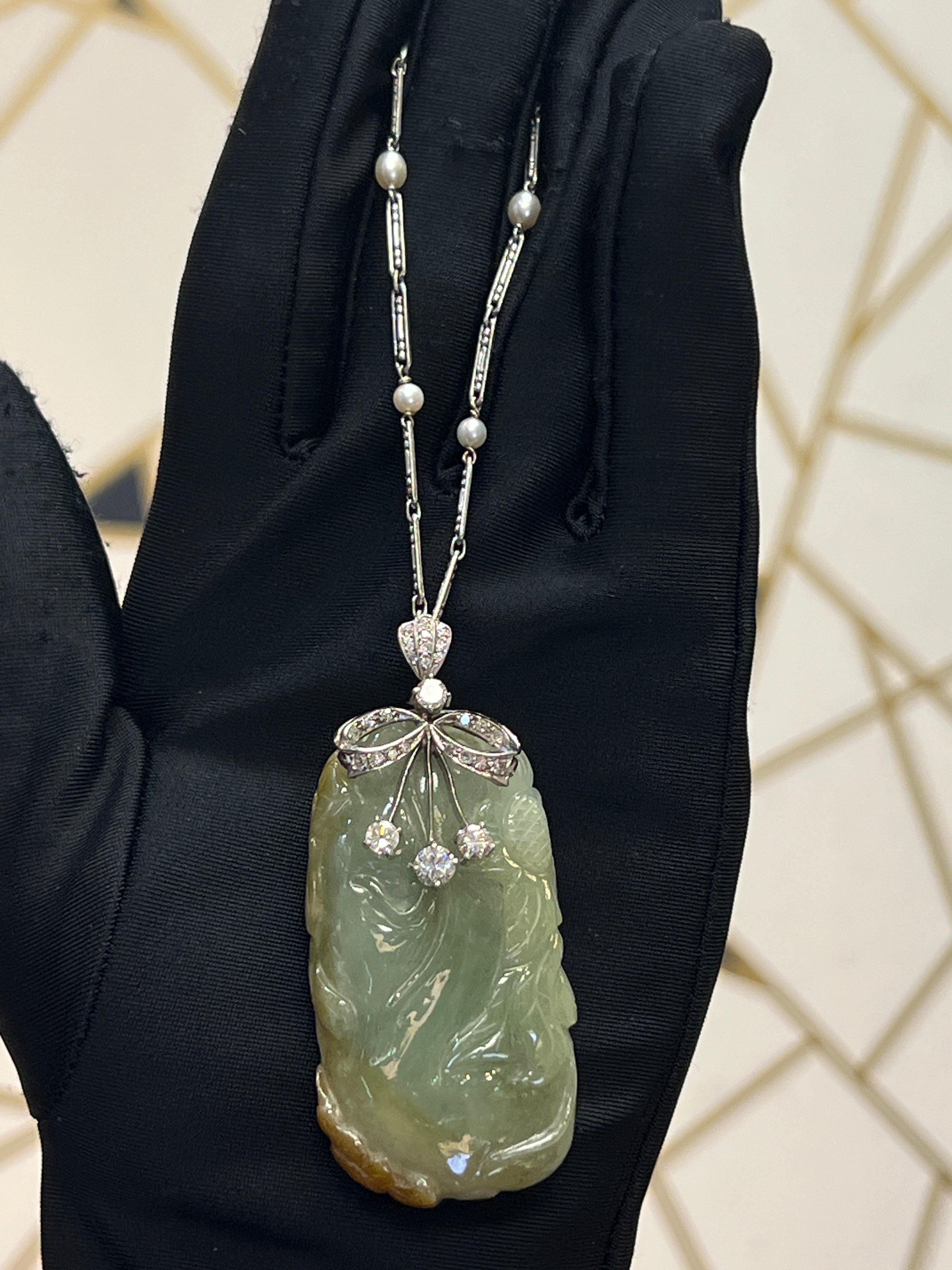 Art Deco Carved Jade Pendant Necklace For Sale