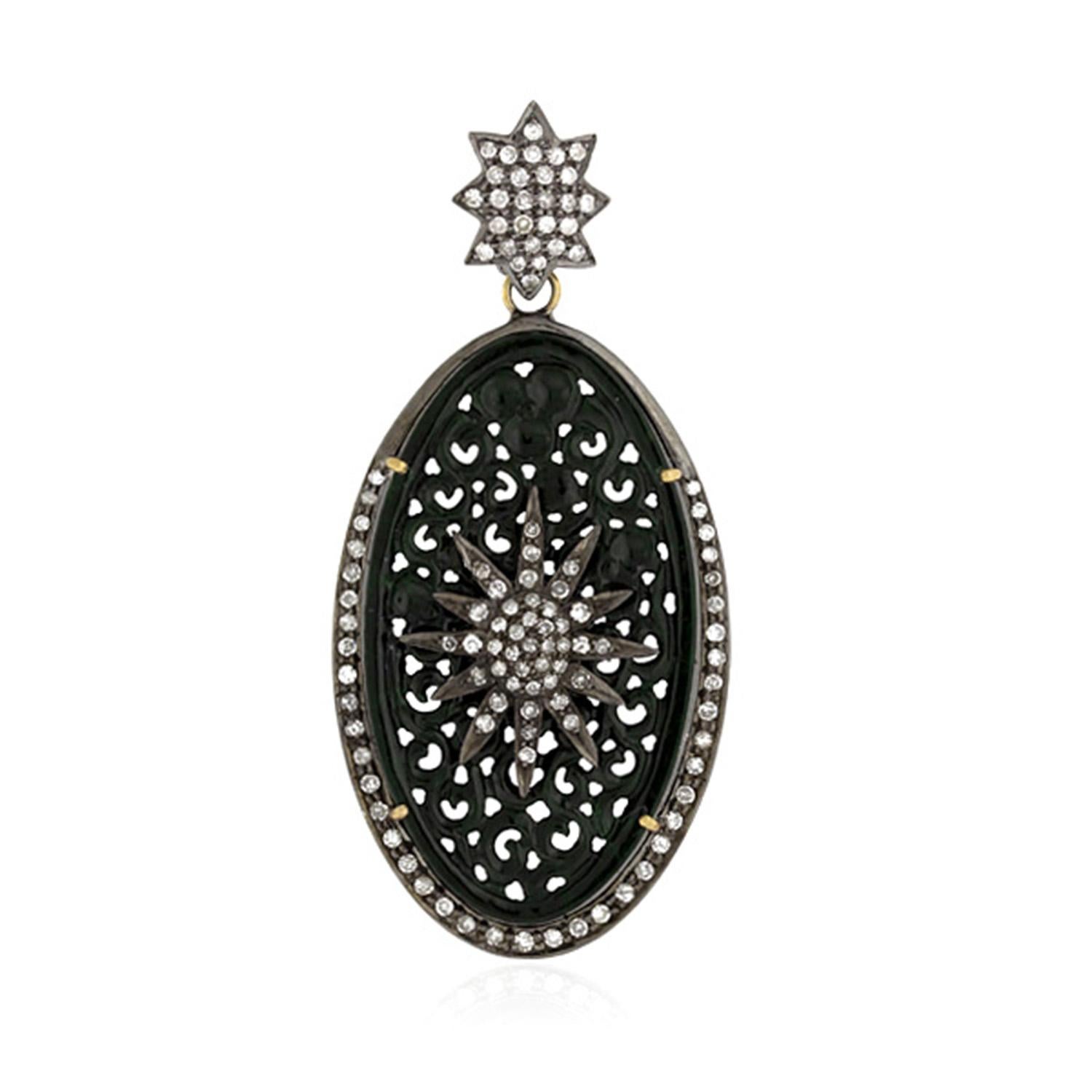 Artisan Carved Jade Pendant with Pave Diamonds Made in 18k Gold & Silver For Sale