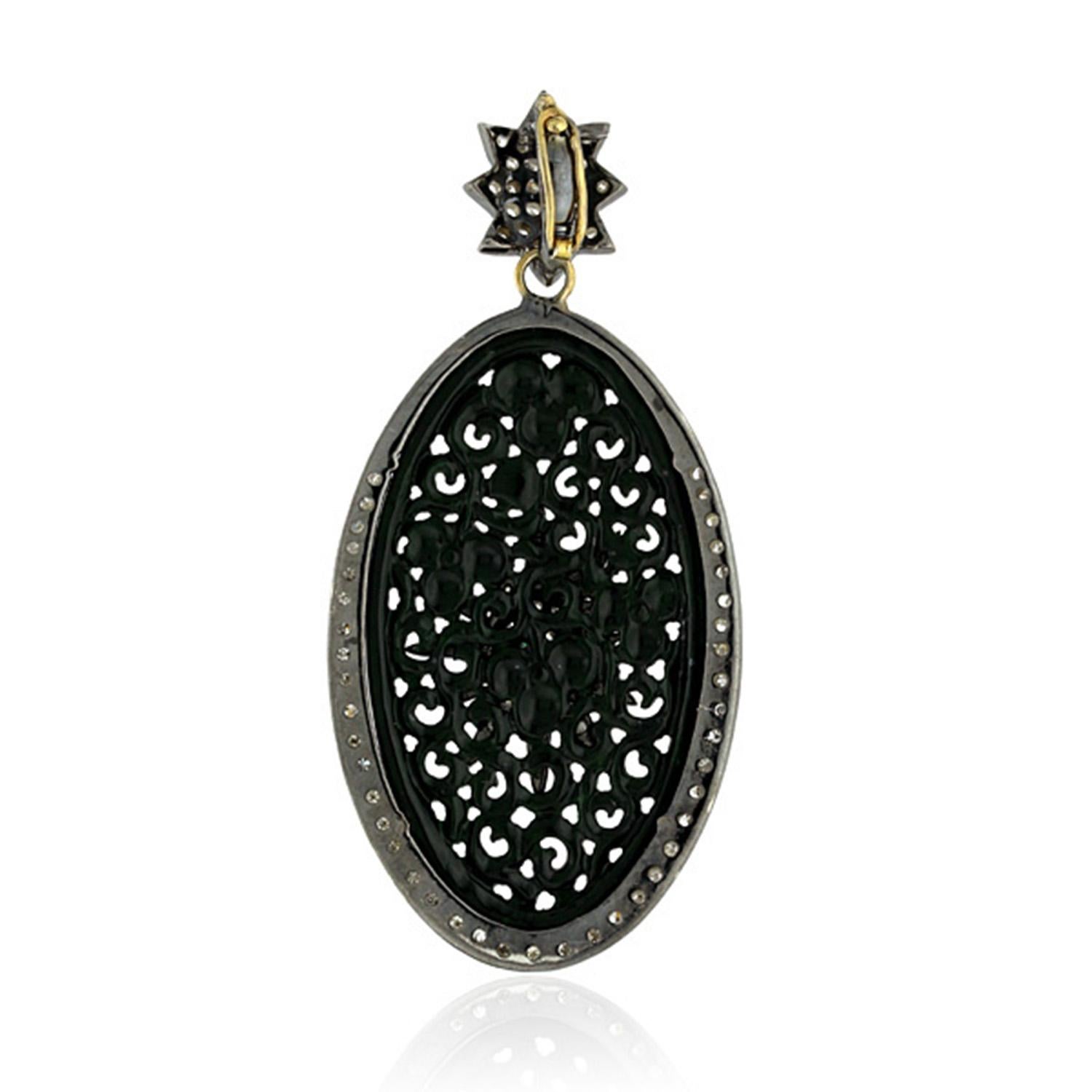 Mixed Cut Carved Jade Pendant with Pave Diamonds Made in 18k Gold & Silver For Sale