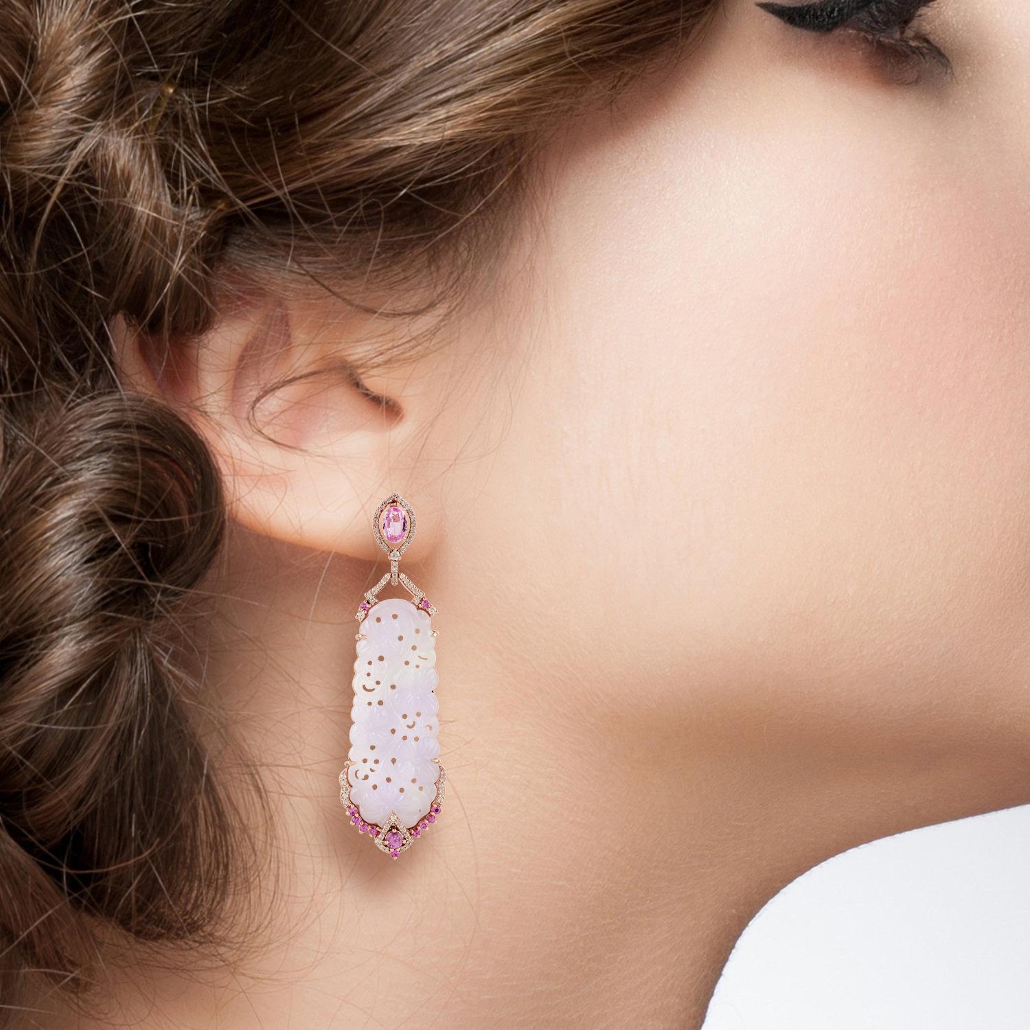 These stunning hand carved Jade earrings are crafted in 18-karat gold. It is set in 28.3 carats Jade, 1.92 carats pink sapphire and .61 carats of sparkling diamonds.

FOLLOW  MEGHNA JEWELS storefront to view the latest collection & exclusive pieces.