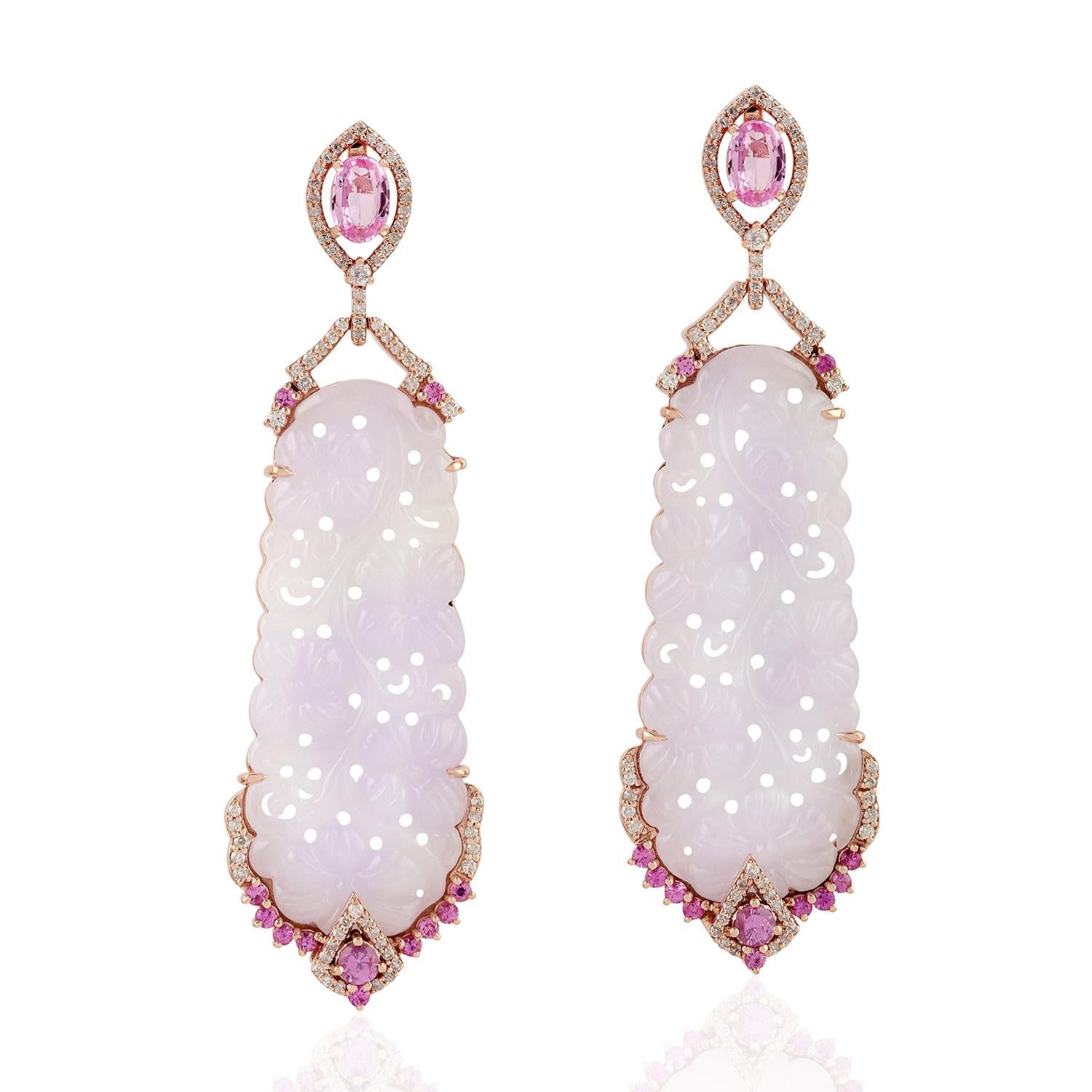 Artisan Carved Jade Pink Sapphire 18 Karat Gold Diamond Earrings For Sale