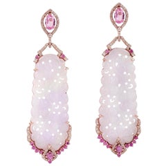 Carved Jade Pink Sapphire 18 Karat Gold Diamond Earrings