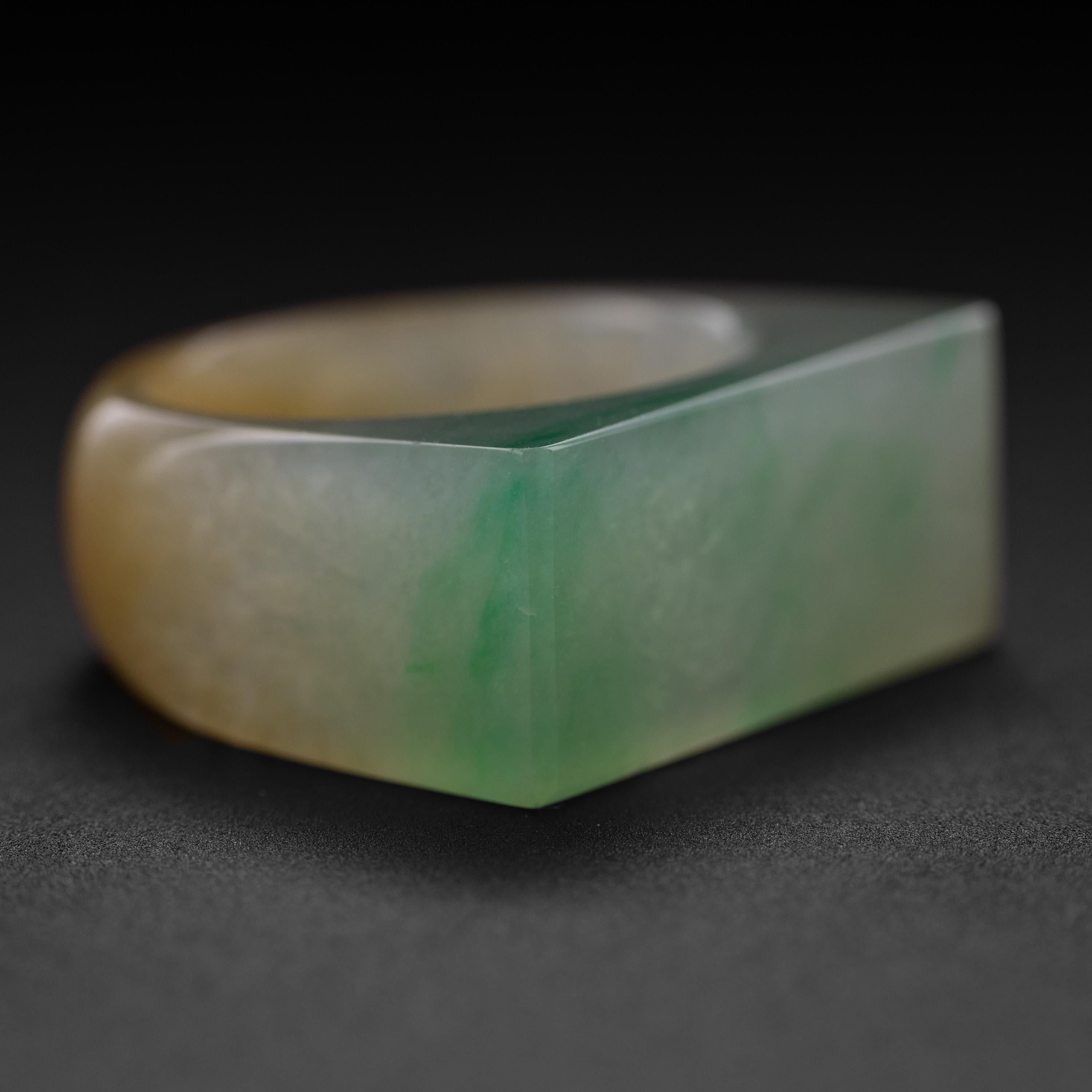 Round Cut Carved Jade Ring Bi-Color Highly Translucent Certified Untreatedf