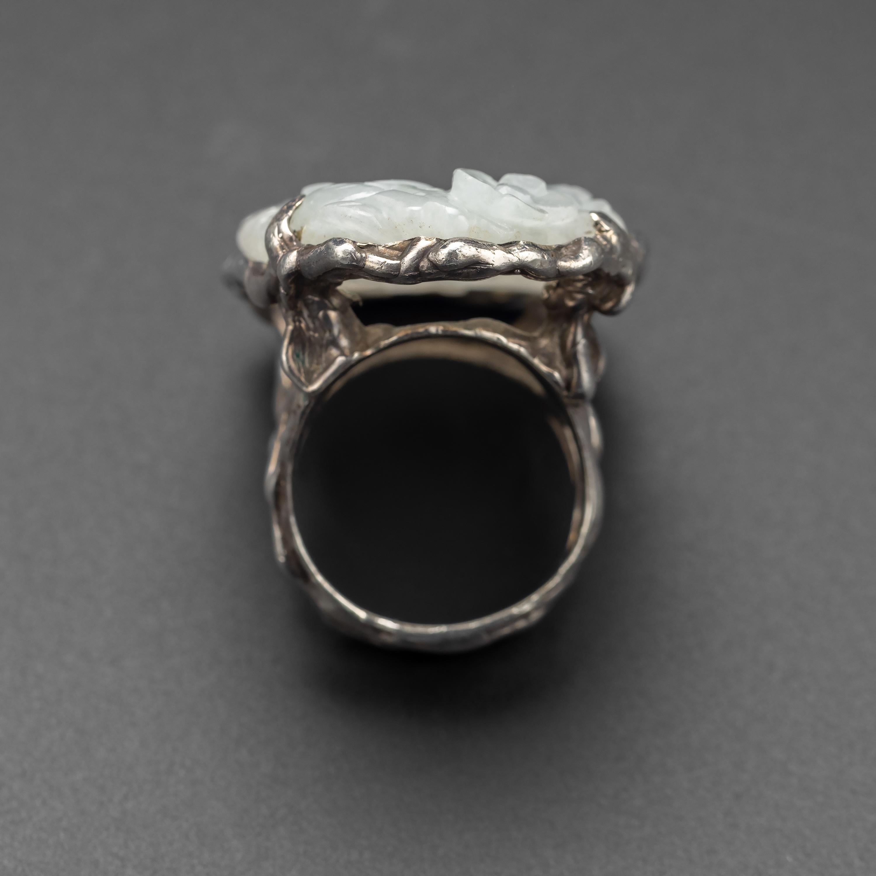 Women's or Men's Carved Jade Ring in Silver Midcentury Modernist