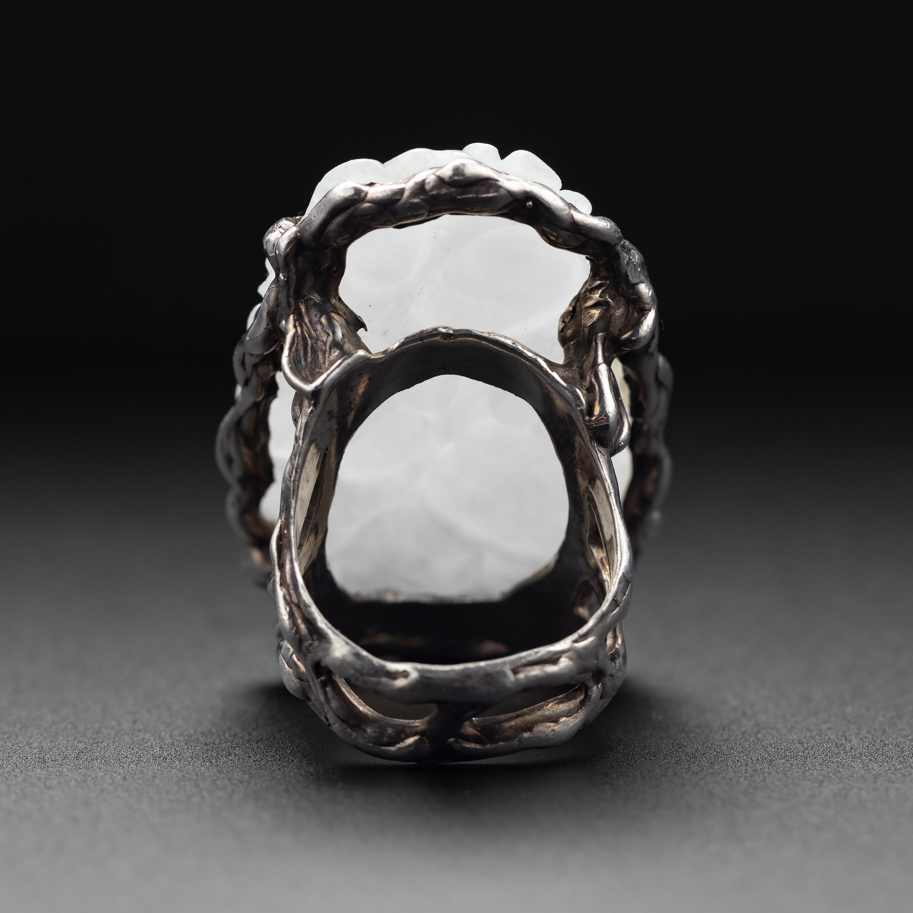 Carved Jade Ring in Silver Midcentury Modernist 1