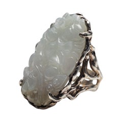 Vintage Carved Jade Ring in Silver Midcentury Modernist