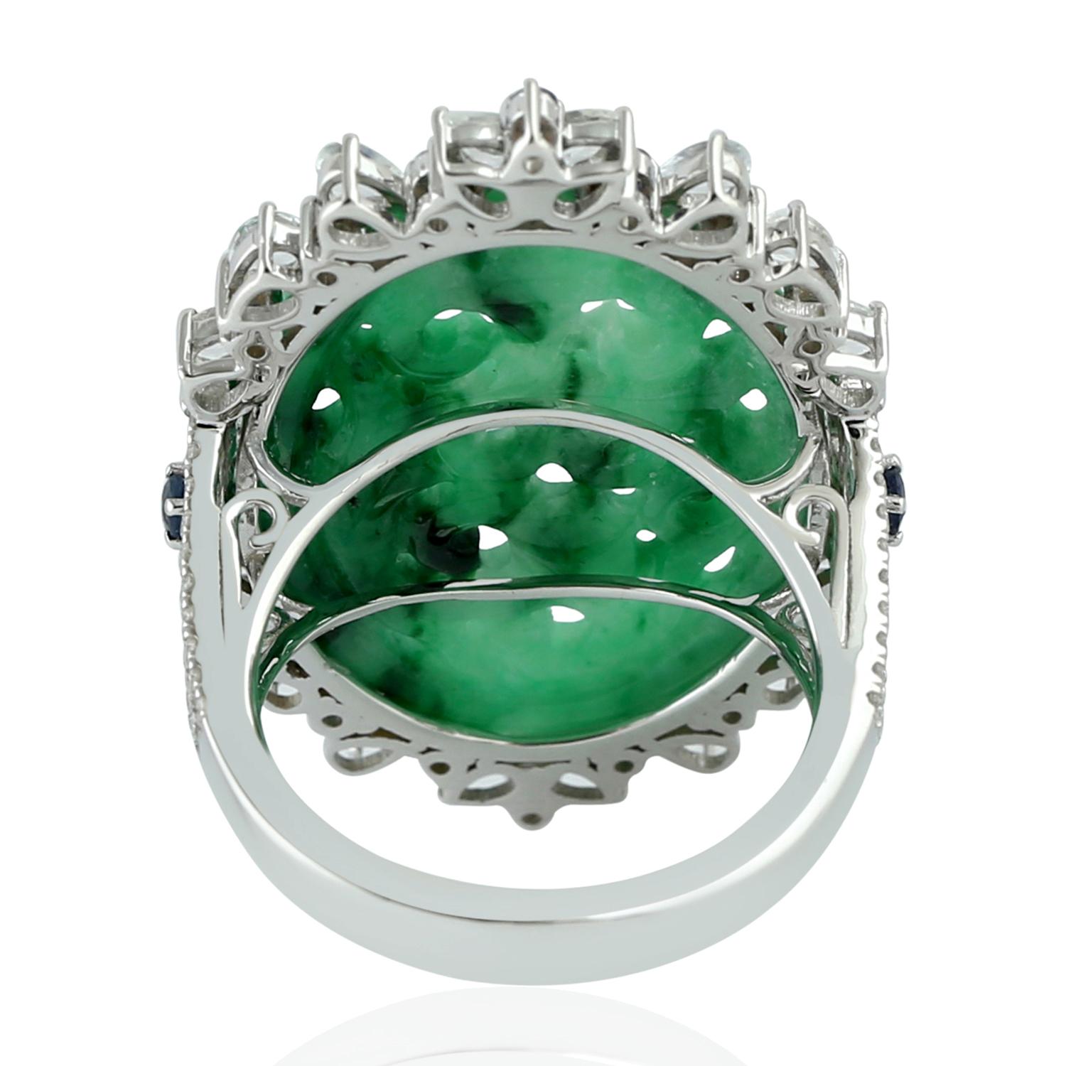 Art Deco Carved Oval Green Jade Ring With Blue Sapphire & Diamonds in 18k Gold For Sale