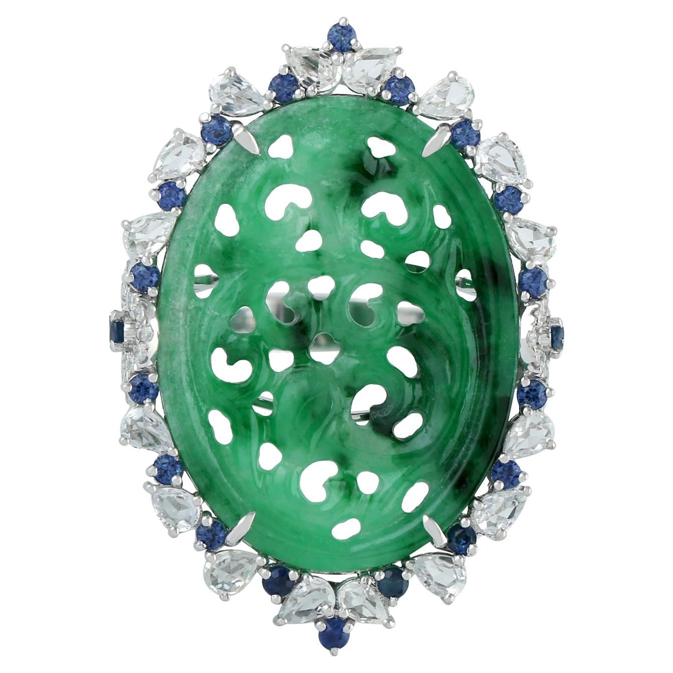 Carved Oval Green Jade Ring With Blue Sapphire & Diamonds in 18k Gold For Sale